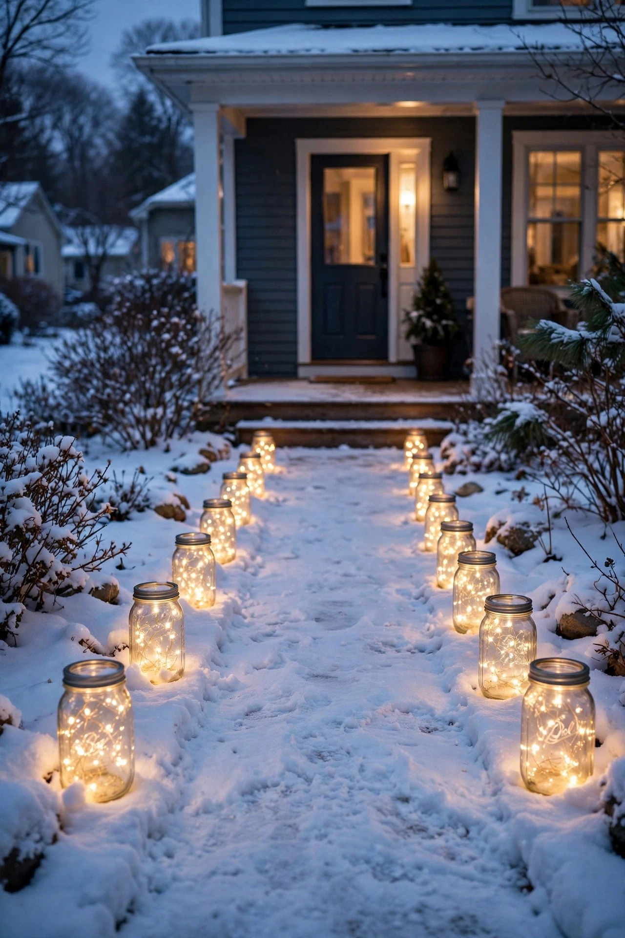 Mason jars filled with fairy lights marking a snowy walkway to a winter porch