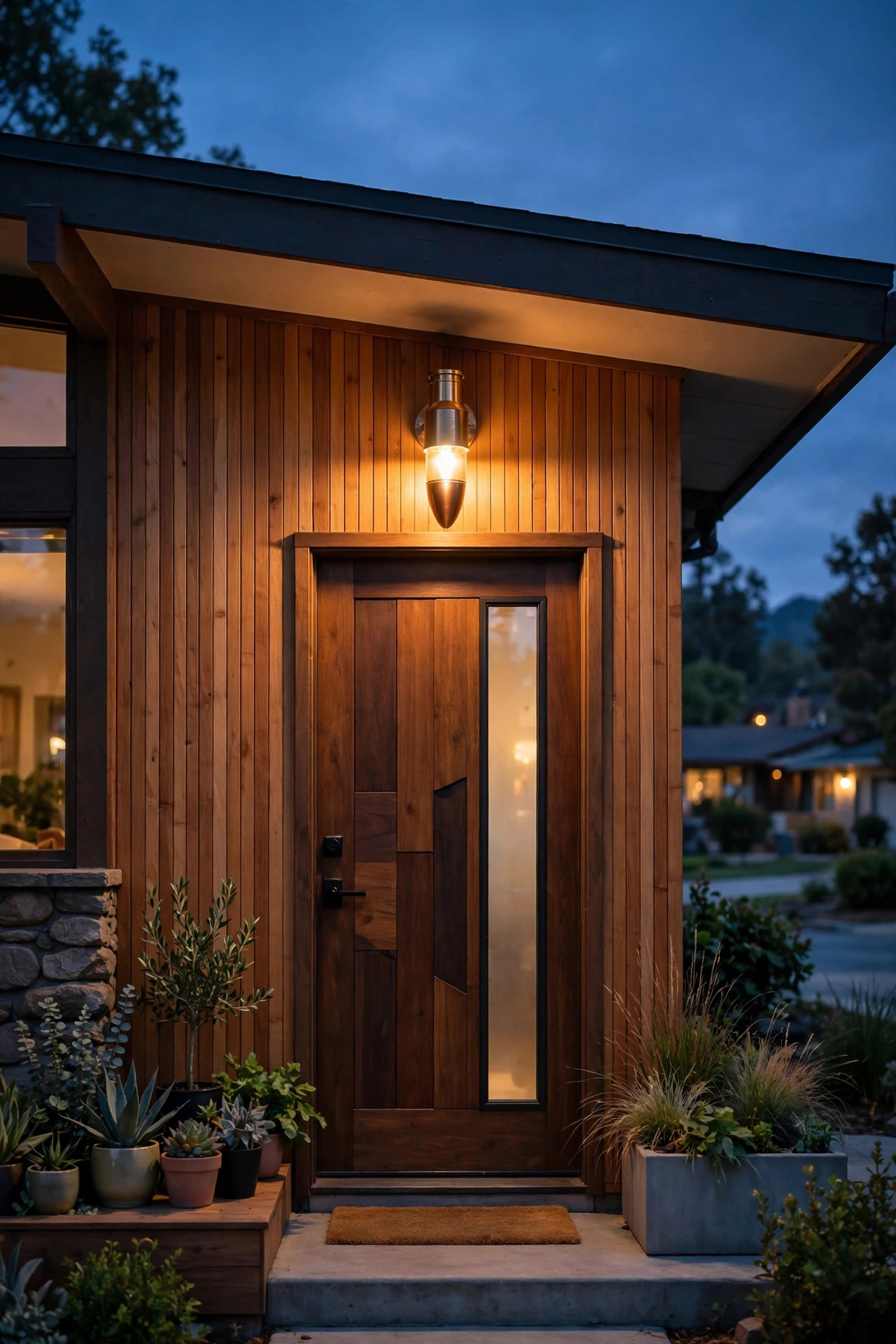 Mid-century bullet outdoor wall lantern glowing above the door of a mid-century modern home at dusk