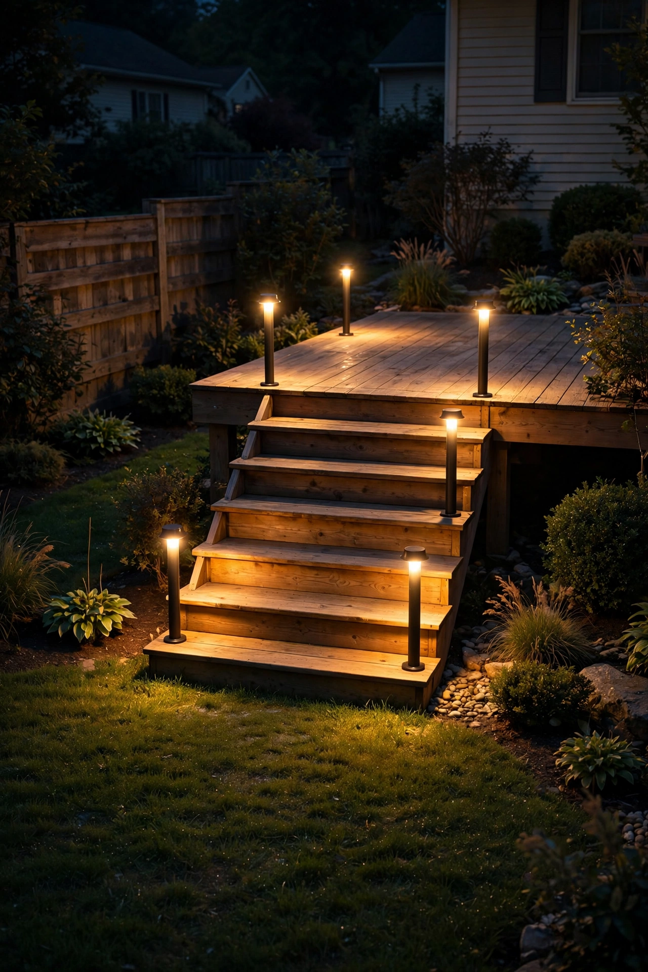 Mini bollard lights beside wooden deck stairs glowing on a lawn