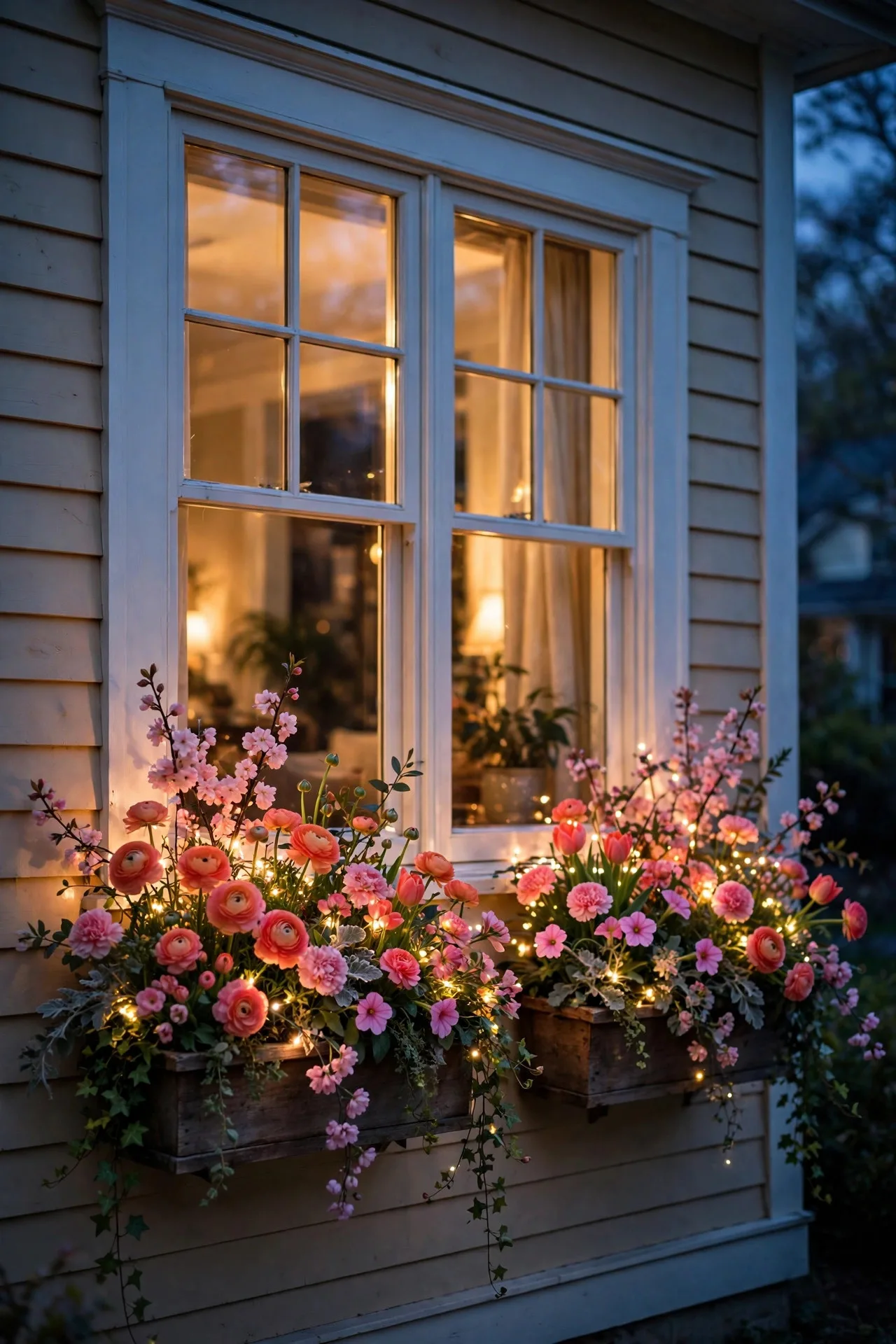Window boxes overflowing with spring flowers and twinkling warm mini lights at dusk