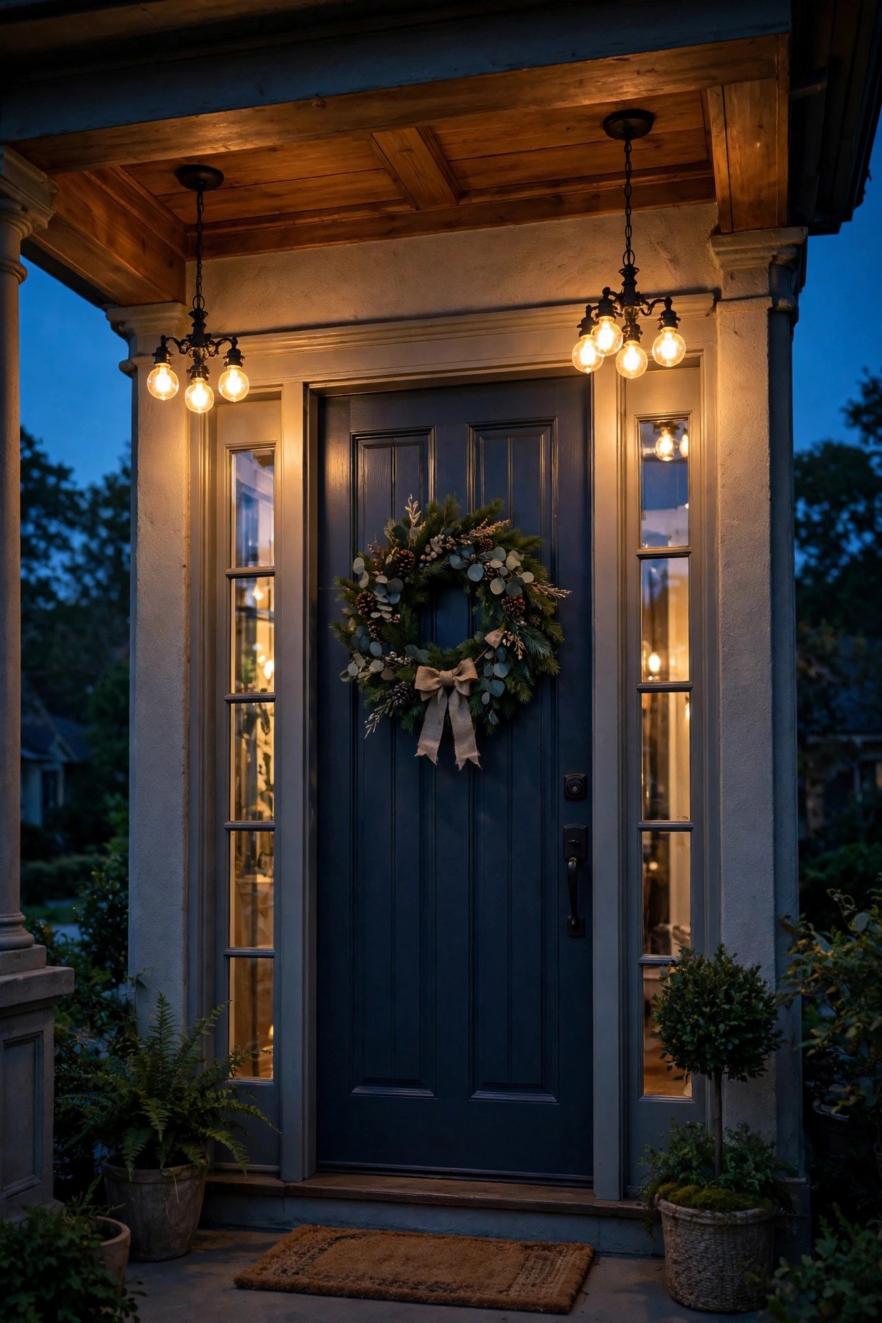 Pair of mini outdoor chandeliers flanking a front door on a covered porch