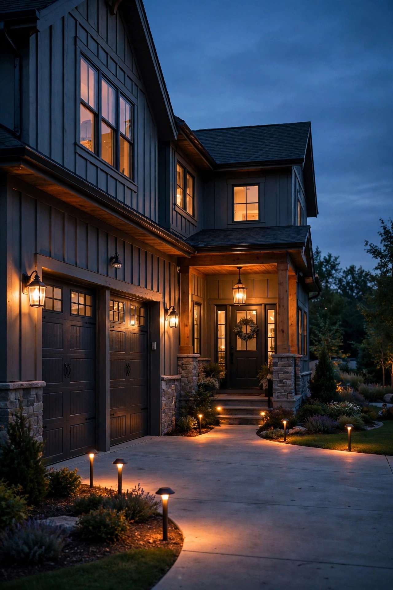 House front at dusk where every light glows the same warm amber, garage sconces, driveway lights and porch lantern all matched at 2700K, cohesive and welcoming
