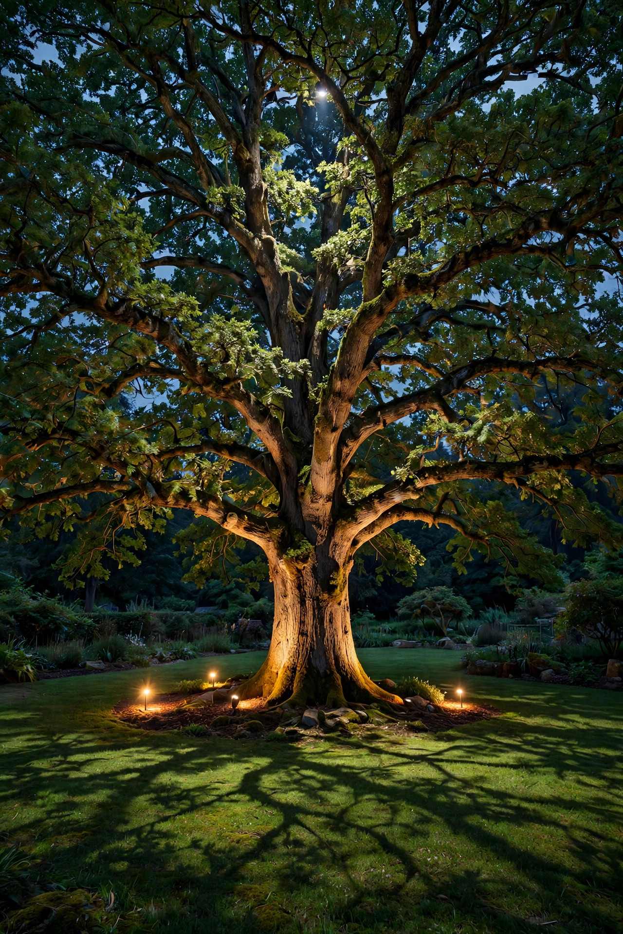 Large tree at night cross-lit from below with warm spotlights while a downlight high in the canopy casts moonlight branch shadows on the lawn