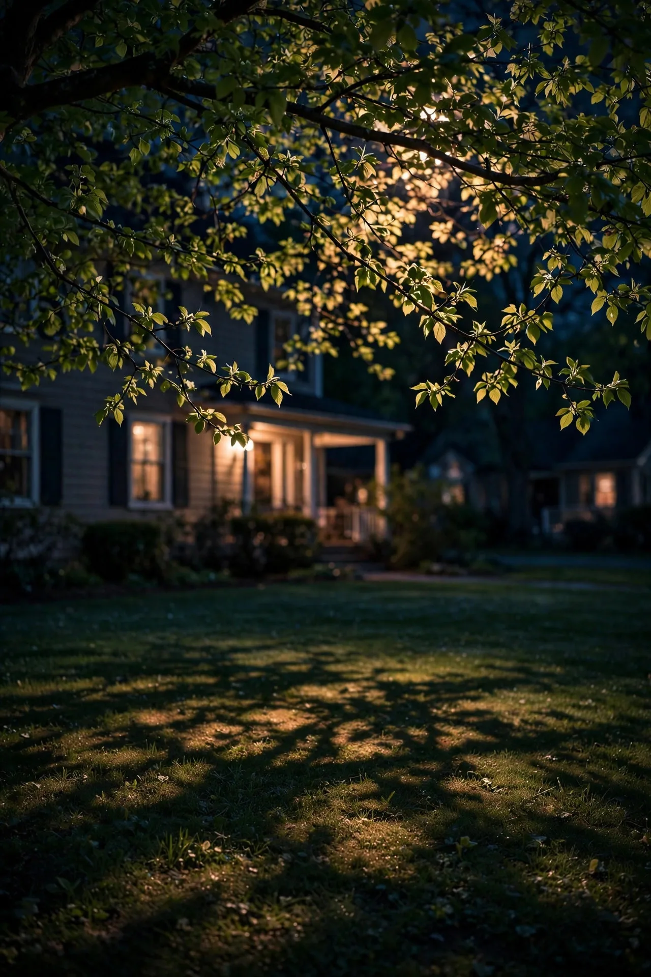 Soft dappled light filtering through tree branches onto a front lawn at night, moonlighting effect