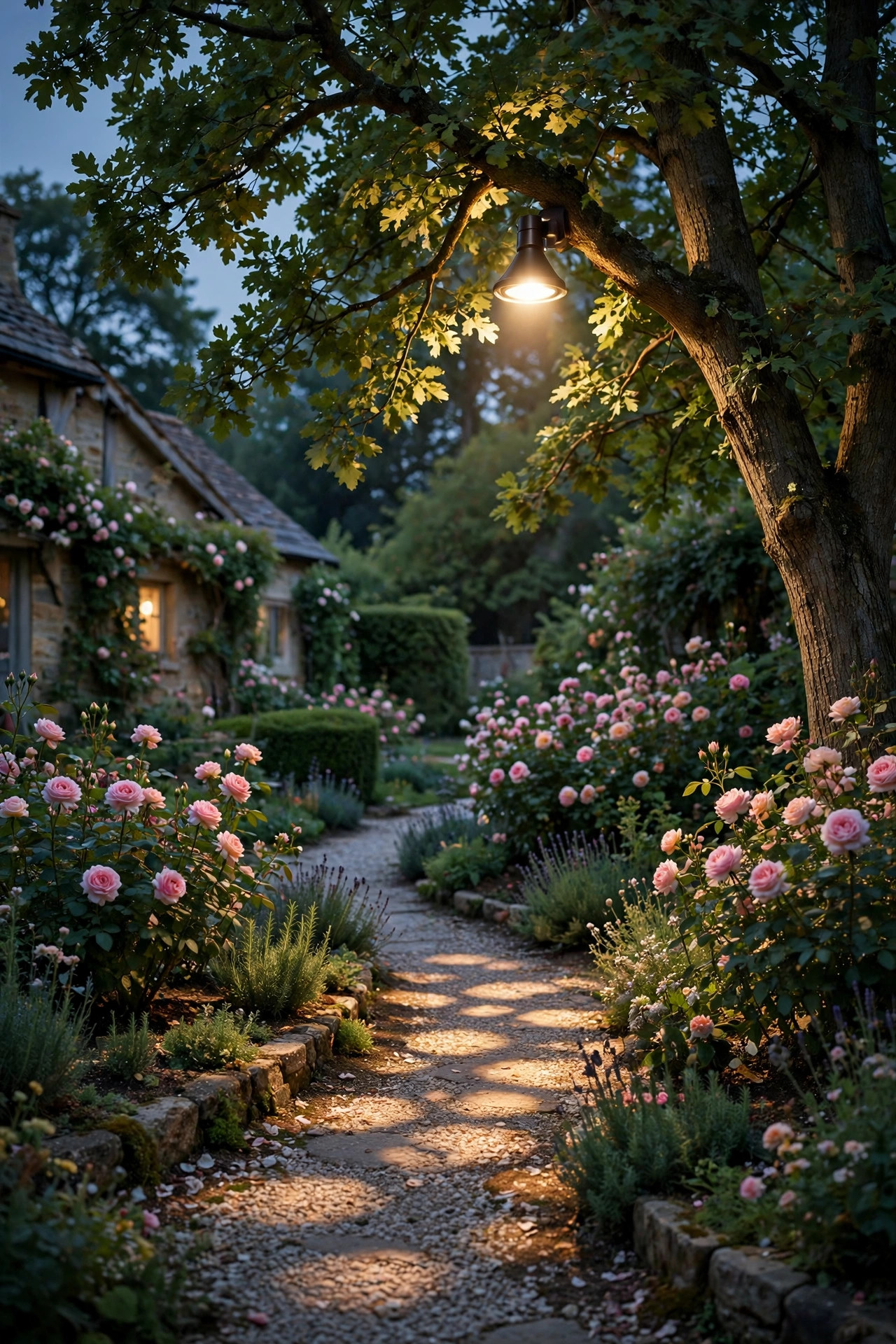Downlight high in a tree casting dappled moonlight pools over a cottage garden path and rose beds