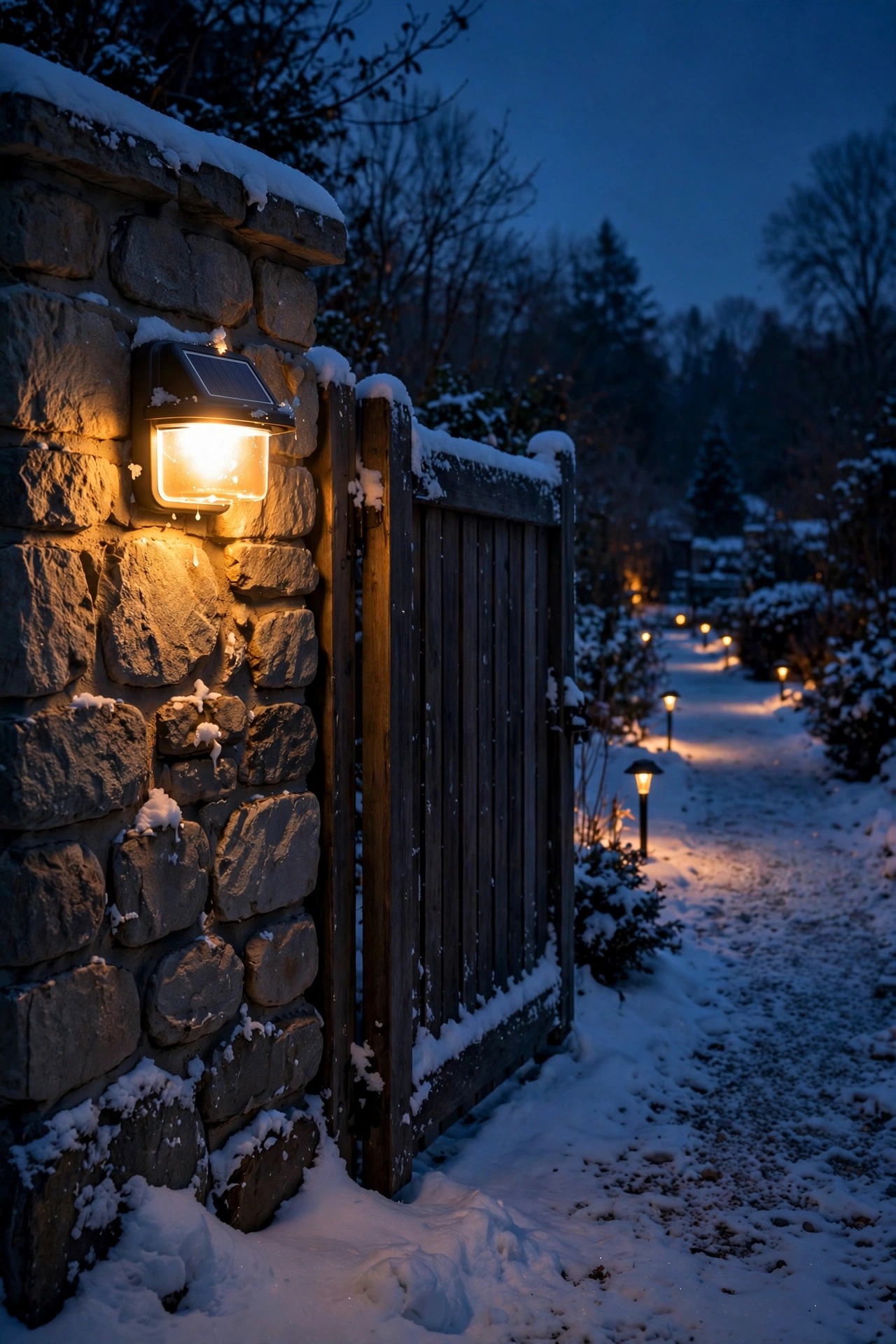 Motion-activated solar wall light glowing at full brightness beside a snowy side gate at night, dim marker lights along the path beyond
