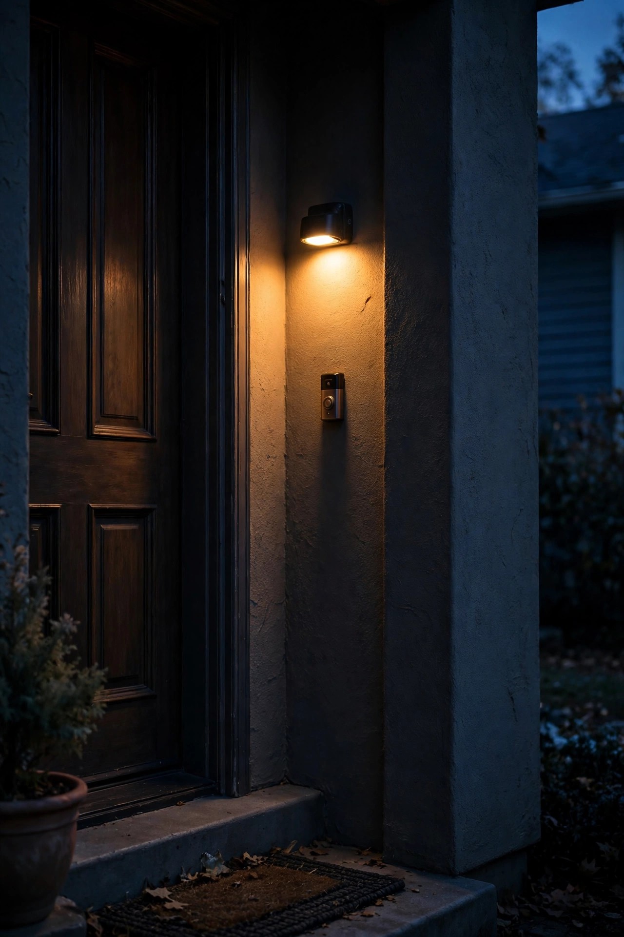 Small motion-activated light glowing above a doorbell tucked into a shadowed entry nook