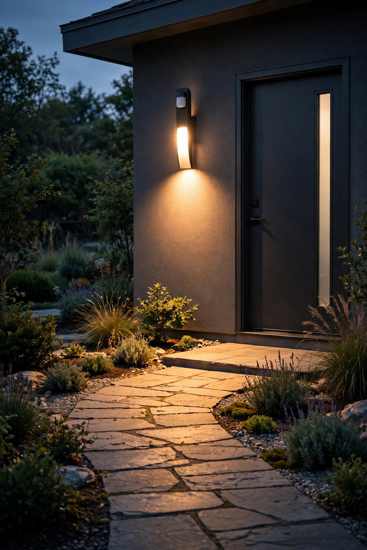 Sleek modern motion sensor wall sconce brightening beside a front door as the walkway approaches at dusk