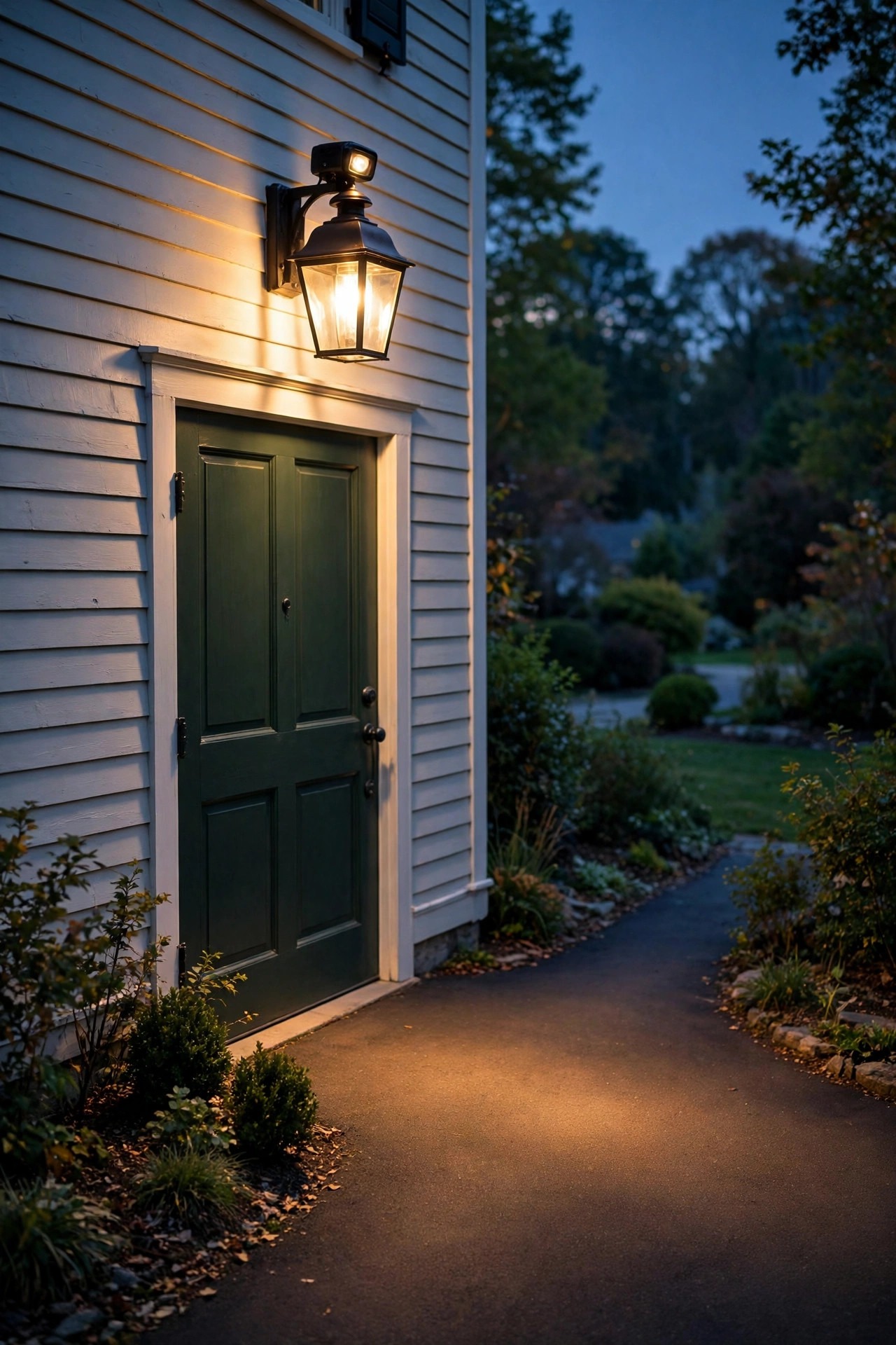 Carriage-style motion sensor lantern glowing warm above a colonial garage side door lighting the driveway