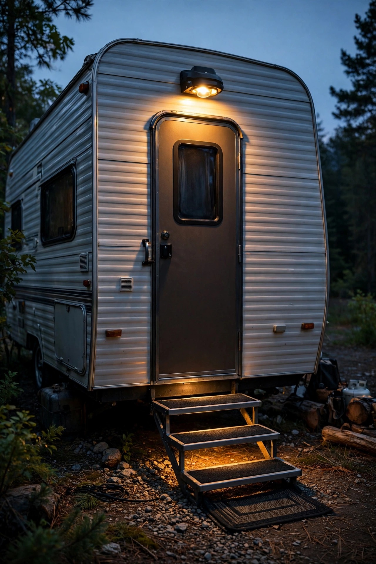 Motion-sensor light glowing above the door of a travel trailer lighting the steps