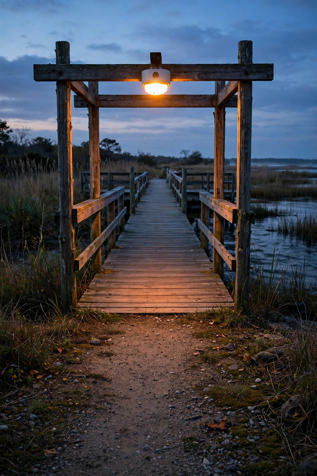 Motion sensor light glowing above the entrance of a wooden pier at dusk where a shore path meets the boardwalk