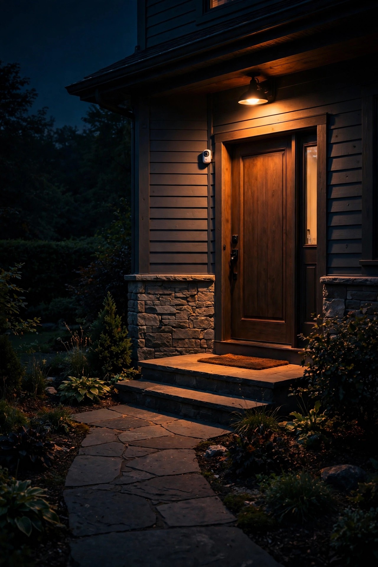 Front walk and porch brightening as a motion sensor triggers outdoor smart bulbs near the entry steps at night