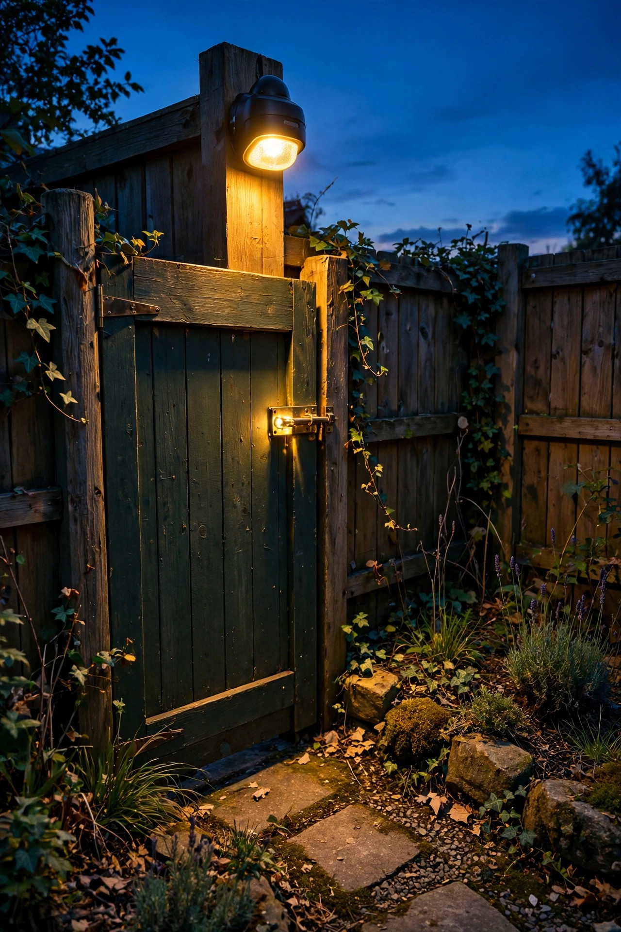 Motion sensor light glowing softly above a side garden gate at dusk, lighting the latch and path corner