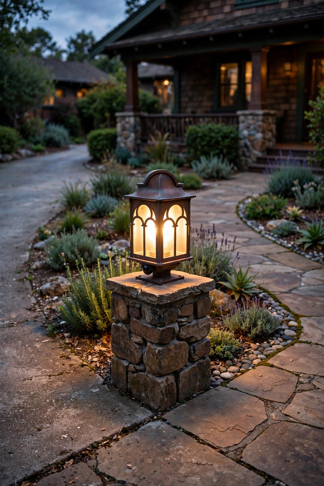Mission-style motion sensor lantern glowing warmly at the corner where a craftsman driveway meets the front walk
