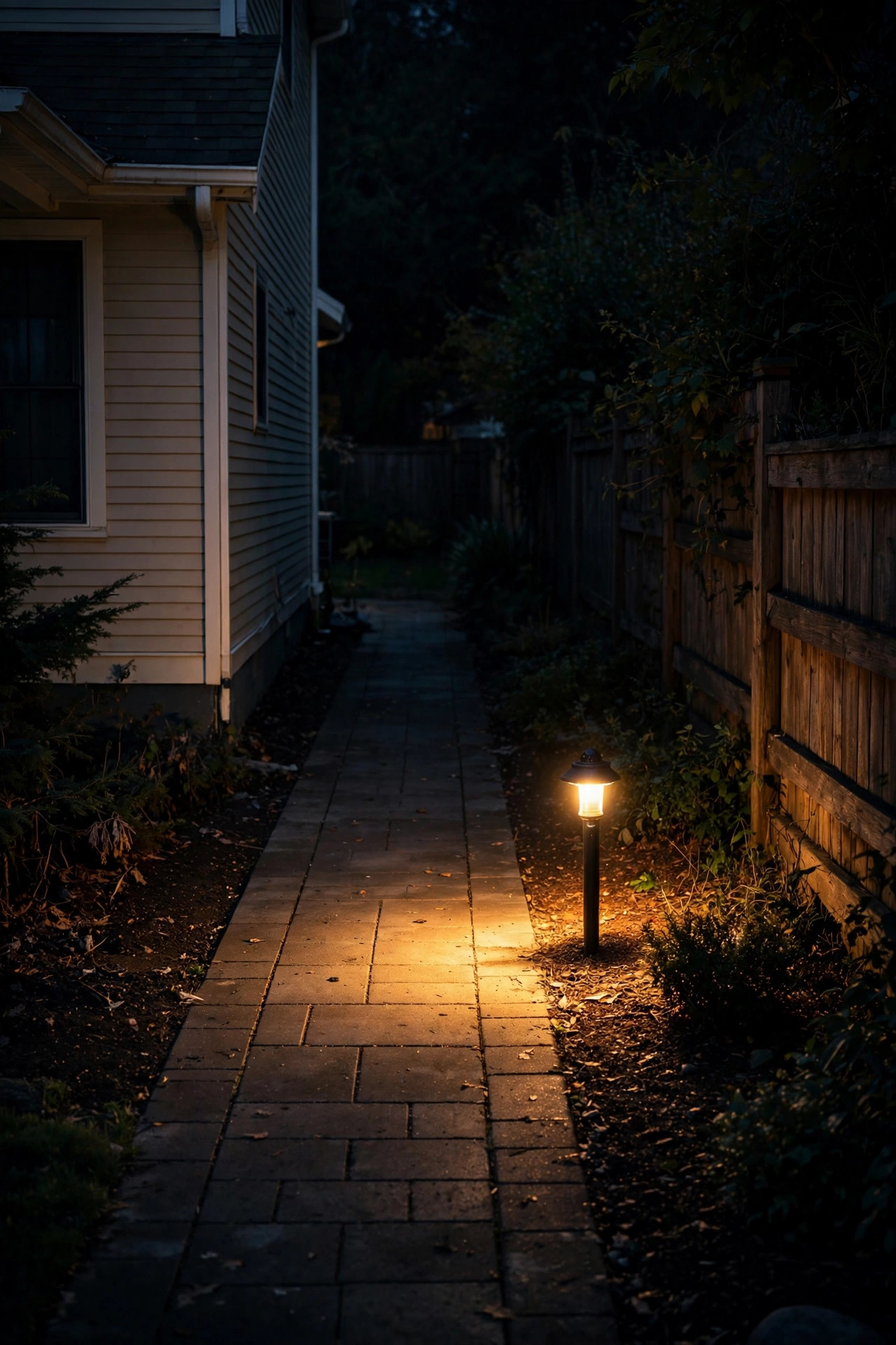 Motion-sensor path light illuminating a dark side walkway at night