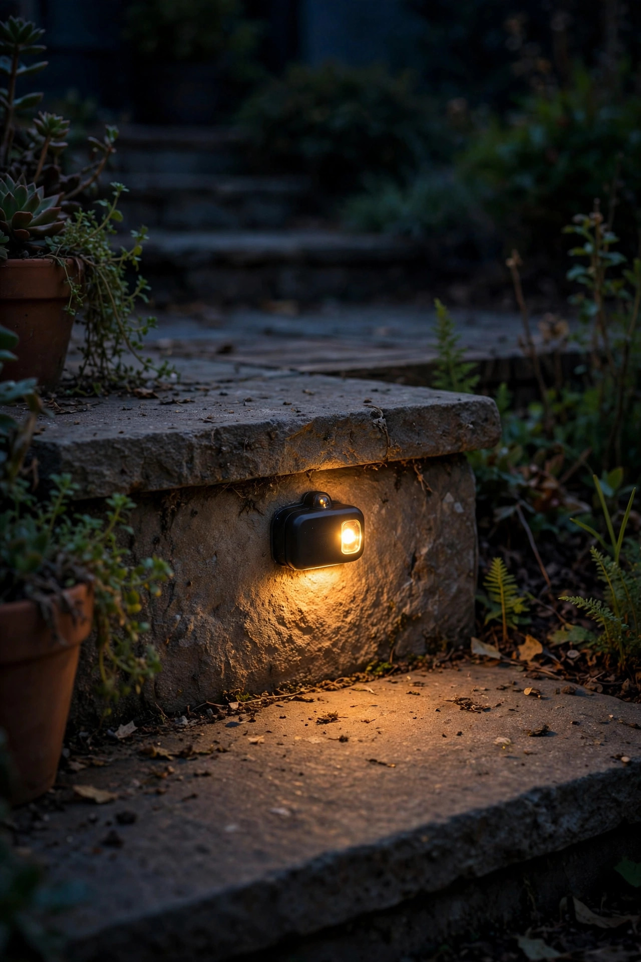 Small adhesive motion sensor light glowing on a patio step riser as darkness falls