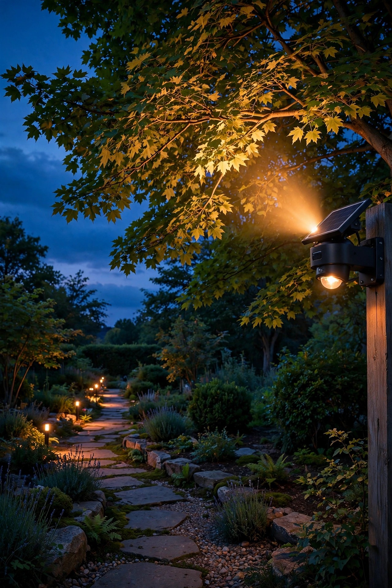 Solar motion-sensor spotlight brightening a tree canopy beside a garden path as evening falls, welcoming glow along the walkway