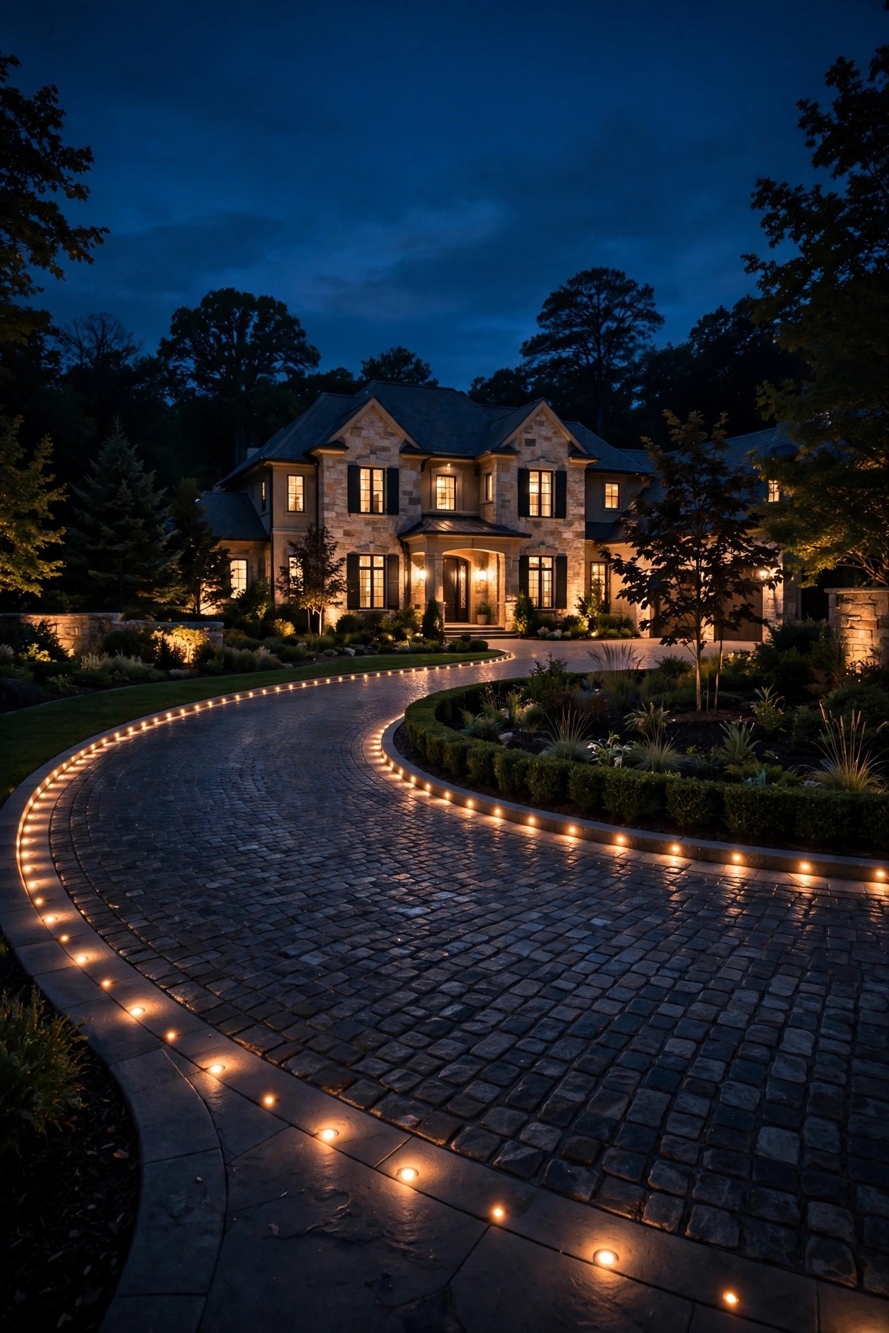 Flush in-ground marker lights tracing the curved edge of a circular motor court driveway in front of an elegant home at night