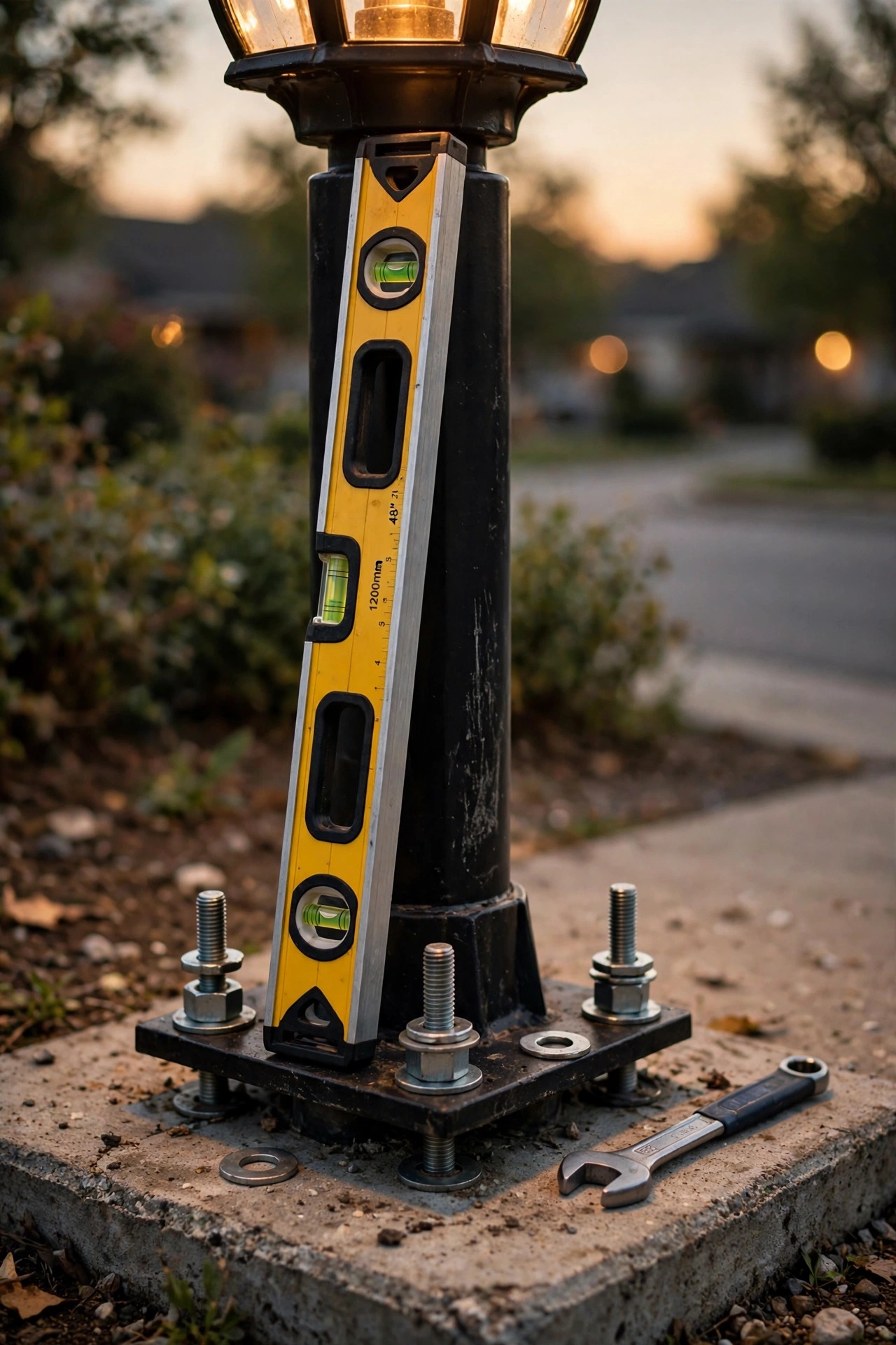 Lamp post flange being leveled on anchor bolts with nuts and washers, a long level held against the post shaft, just before final tightening