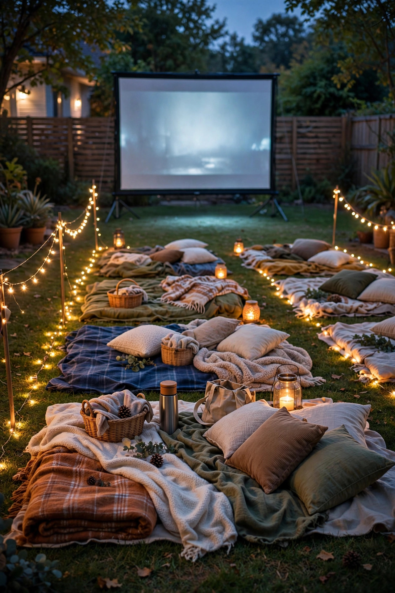 Backyard campout movie night with a glowing screen, blanket rows and dim fairy light aisles