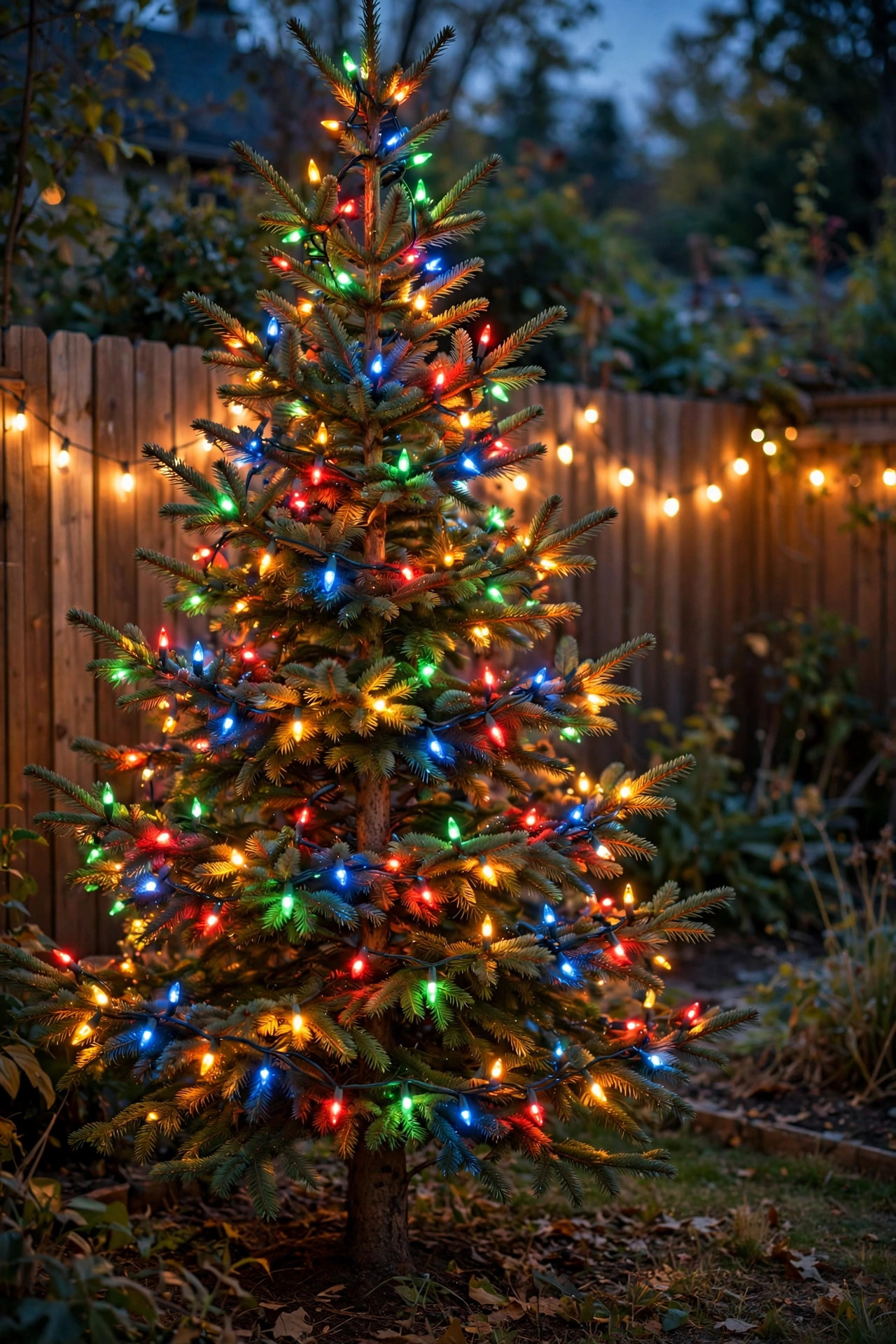 Backyard spruce tree wrapped in rich multicolor LED Christmas lights with warm white fence lights behind