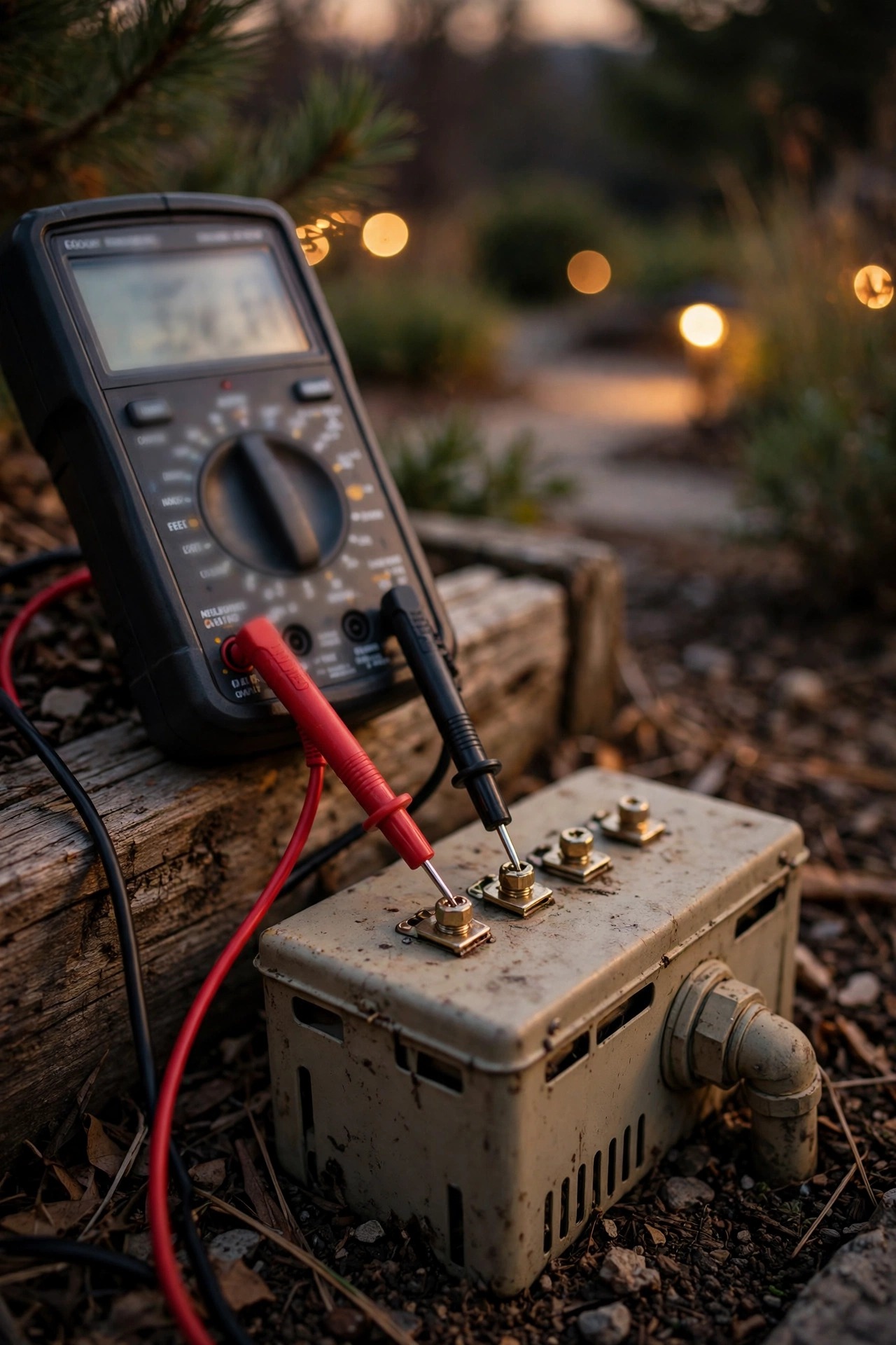 Digital multimeter probes touching the terminals of a landscape lighting transformer at dusk to test output voltage