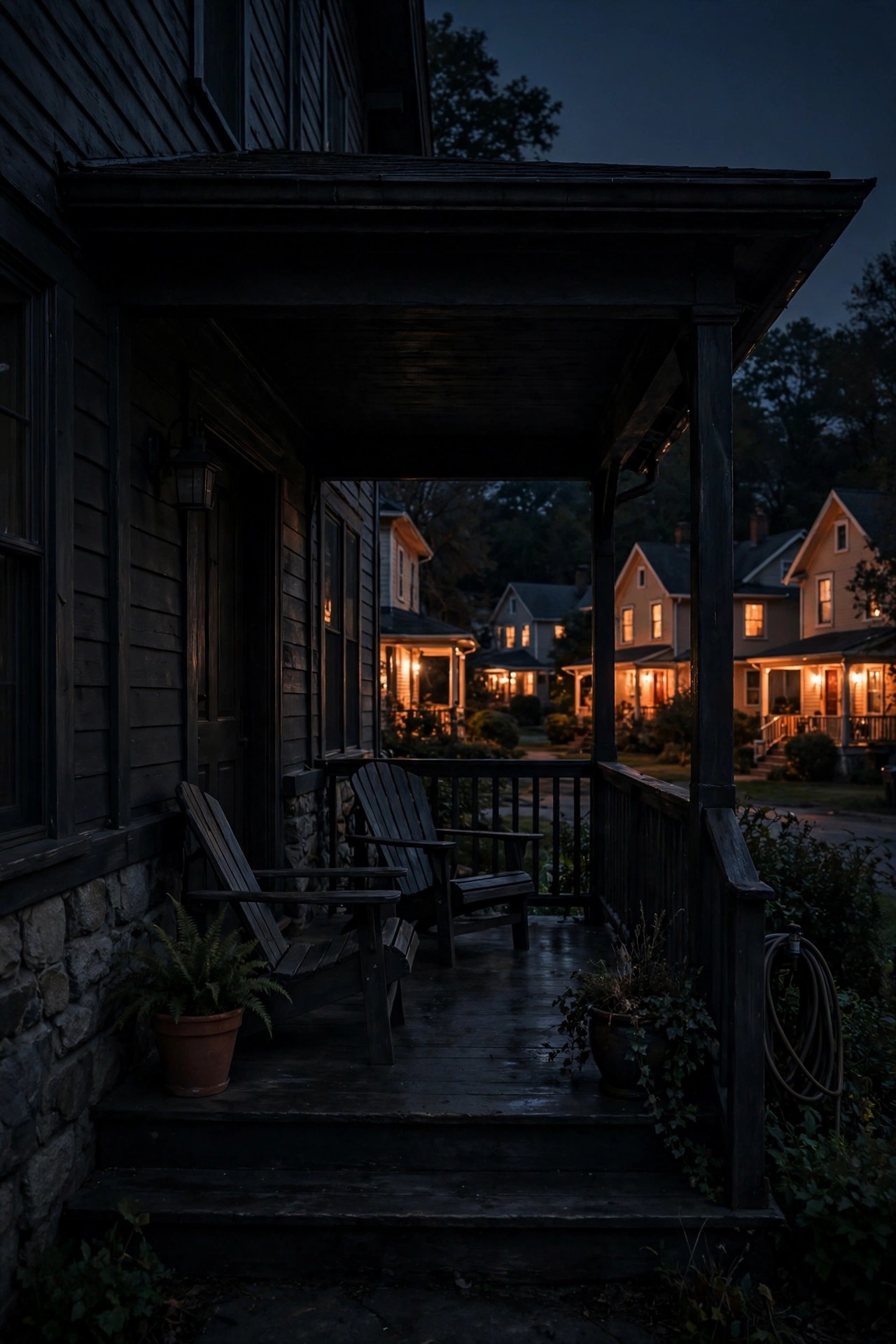 Front porch sitting completely dark at nightfall while neighboring entries glow warmly, the porch light switched off and forgotten