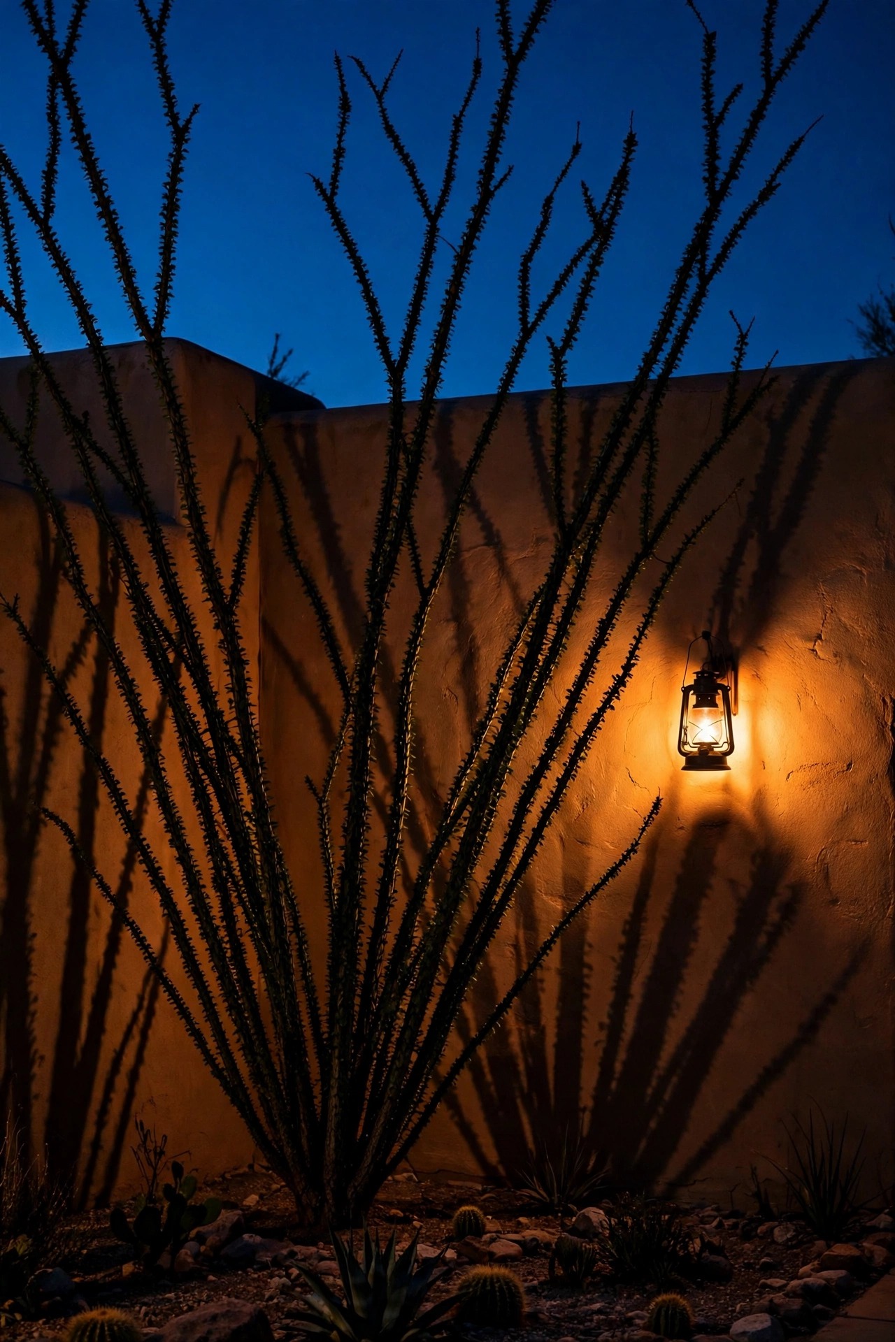 Ocotillo canes silhouetted in black against a warm glowing adobe wall at night, dramatic Southwestern garden shadow play