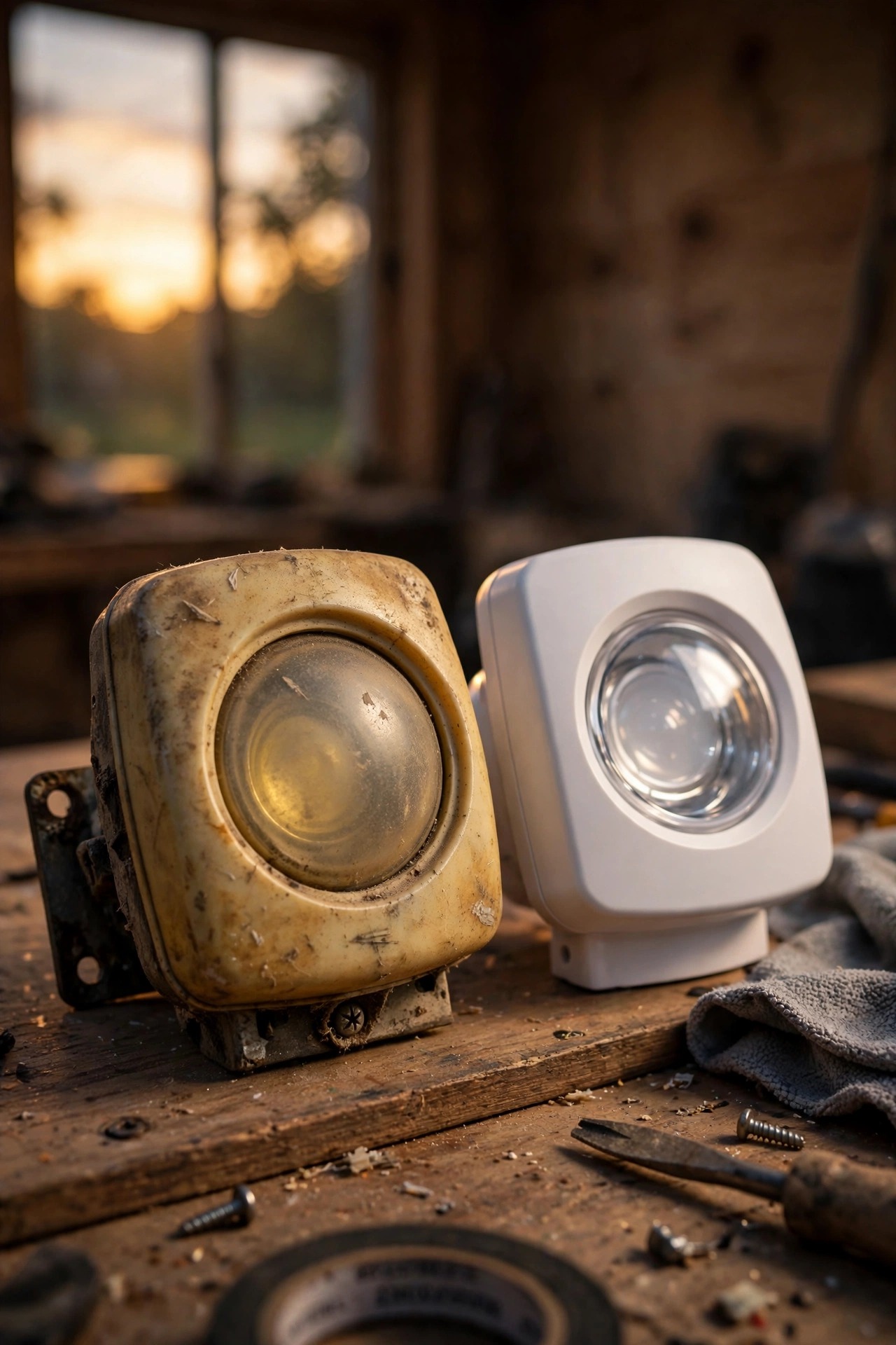 Weathered old motion sensor head with a yellowed lens beside a clean new replacement fixture on a workbench, evening light
