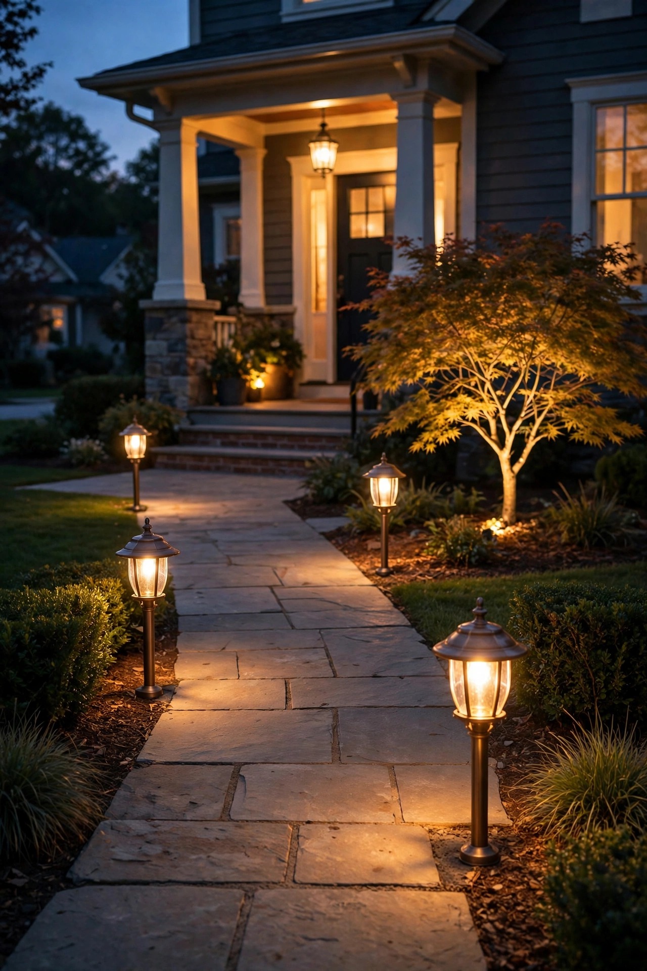 Short front walkway beautifully lit by four high-quality warm metal path lights with a soft accent uplight on a small ornamental tree and a glowing porch beyond, dusk suburban home