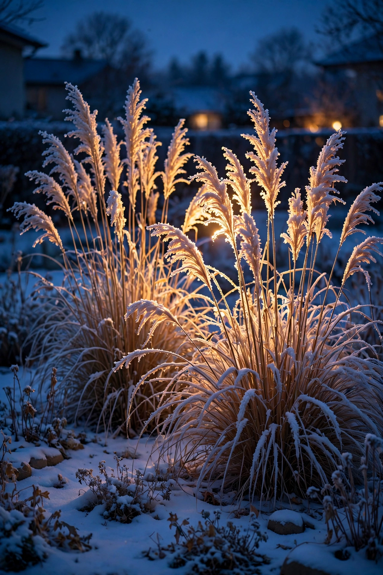 Dried ornamental grass plumes glowing as a golden silhouette from a backlight in a winter garden