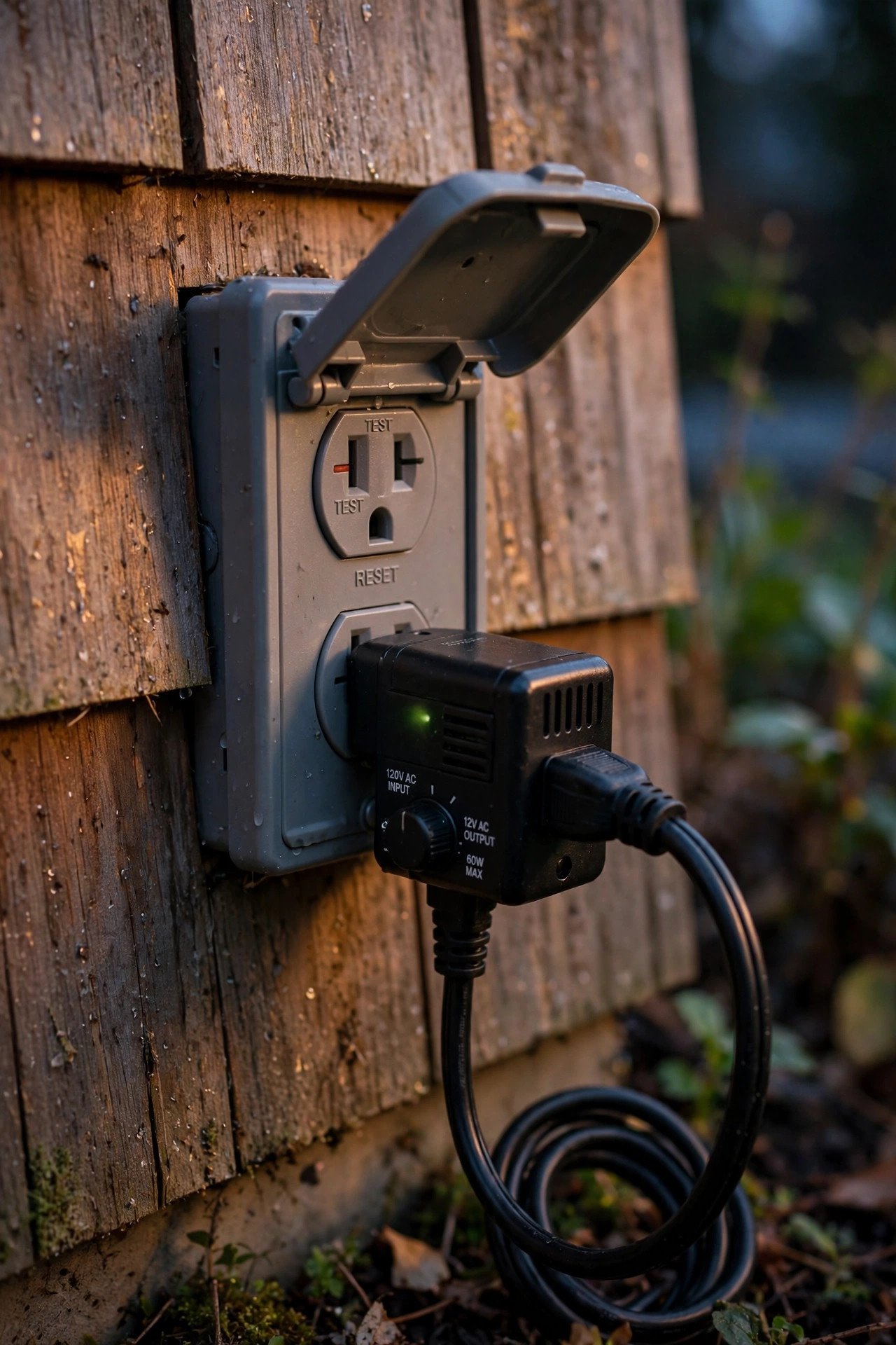 Close-up of an outdoor GFCI outlet with a low-voltage landscape lighting transformer plugged in beside a house wall