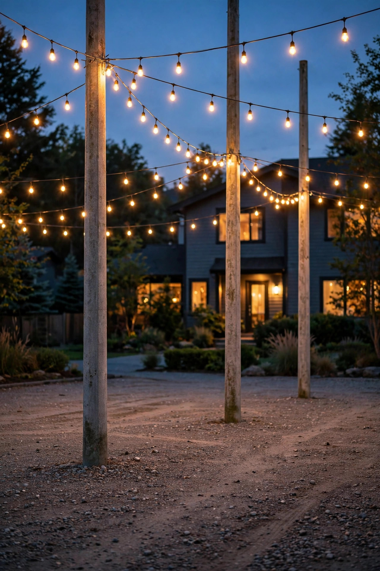 String lights glowing overhead across a gravel parking area strung between tall concreted poles