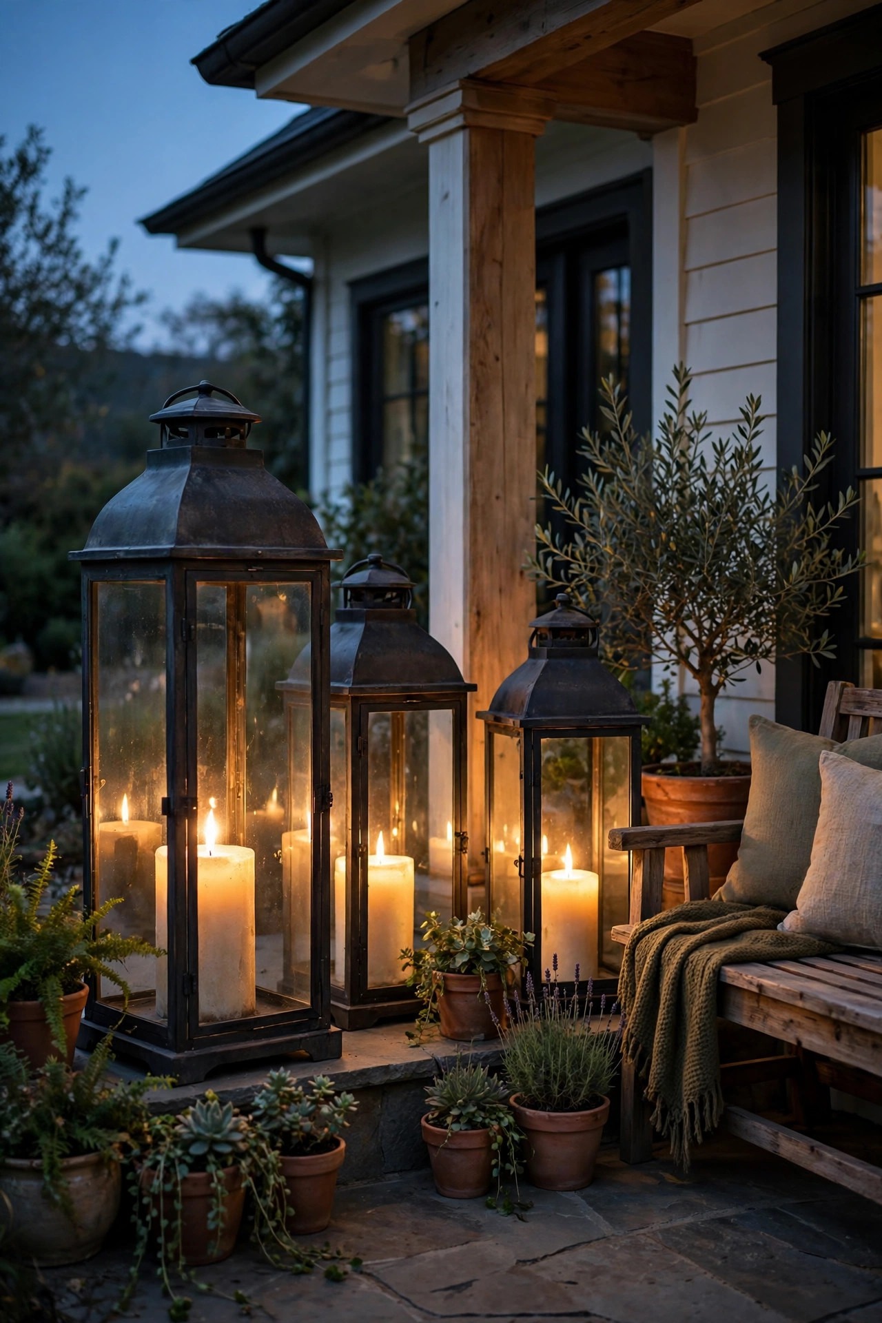 Extra-large oversized floor lanterns with chunky glowing candles anchoring a spacious front porch corner at dusk beside a bench and potted plants