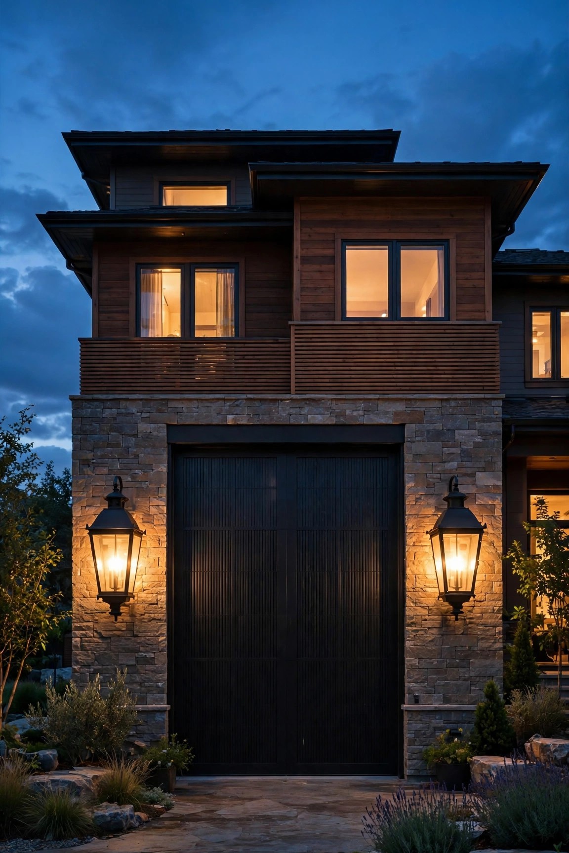 Oversized statement lanterns flanking a tall wide garage door on a two-story facade at dusk
