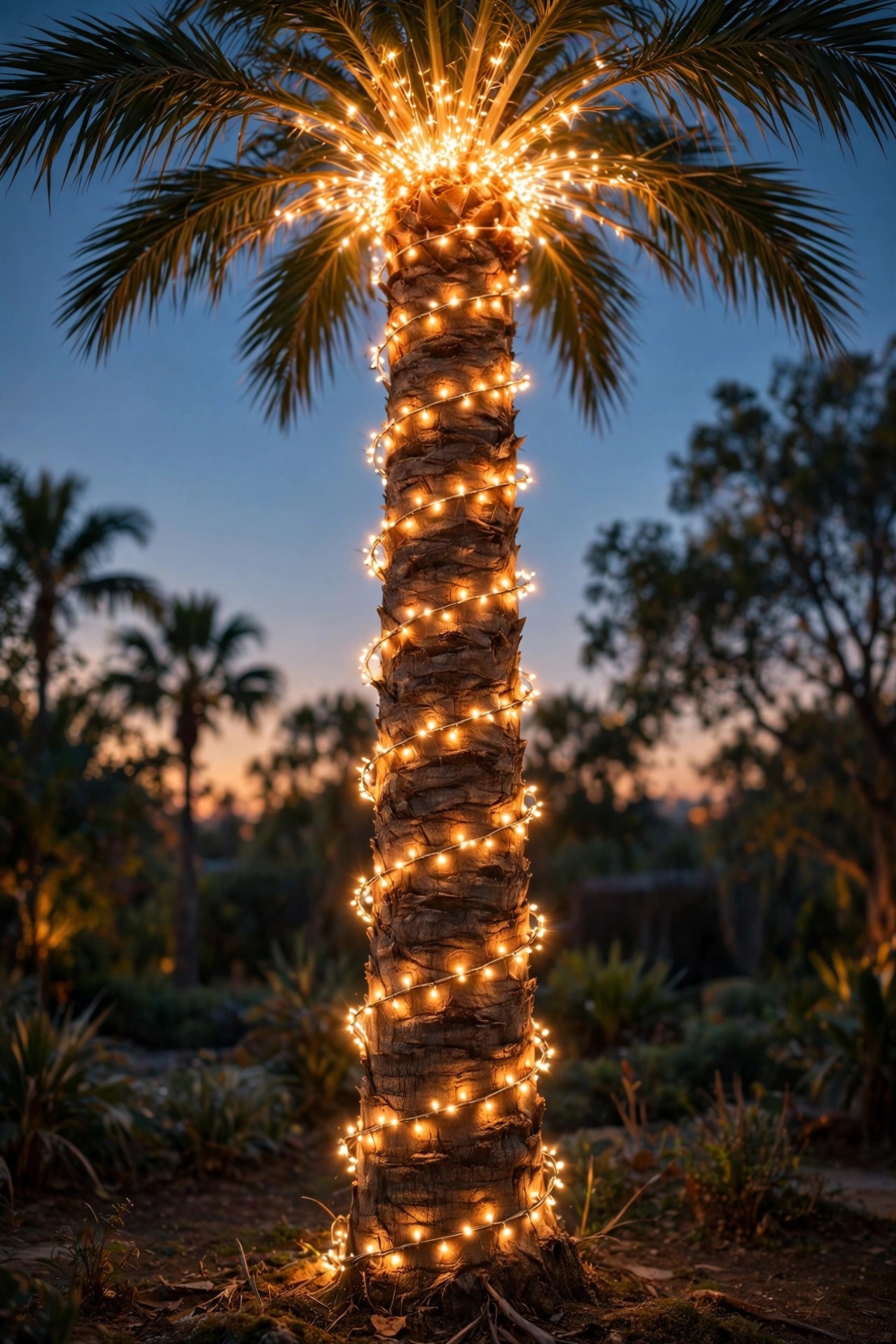 Tall palm tree trunk wrapped in a warm spiral of fairy lights with a burst of light at the crown