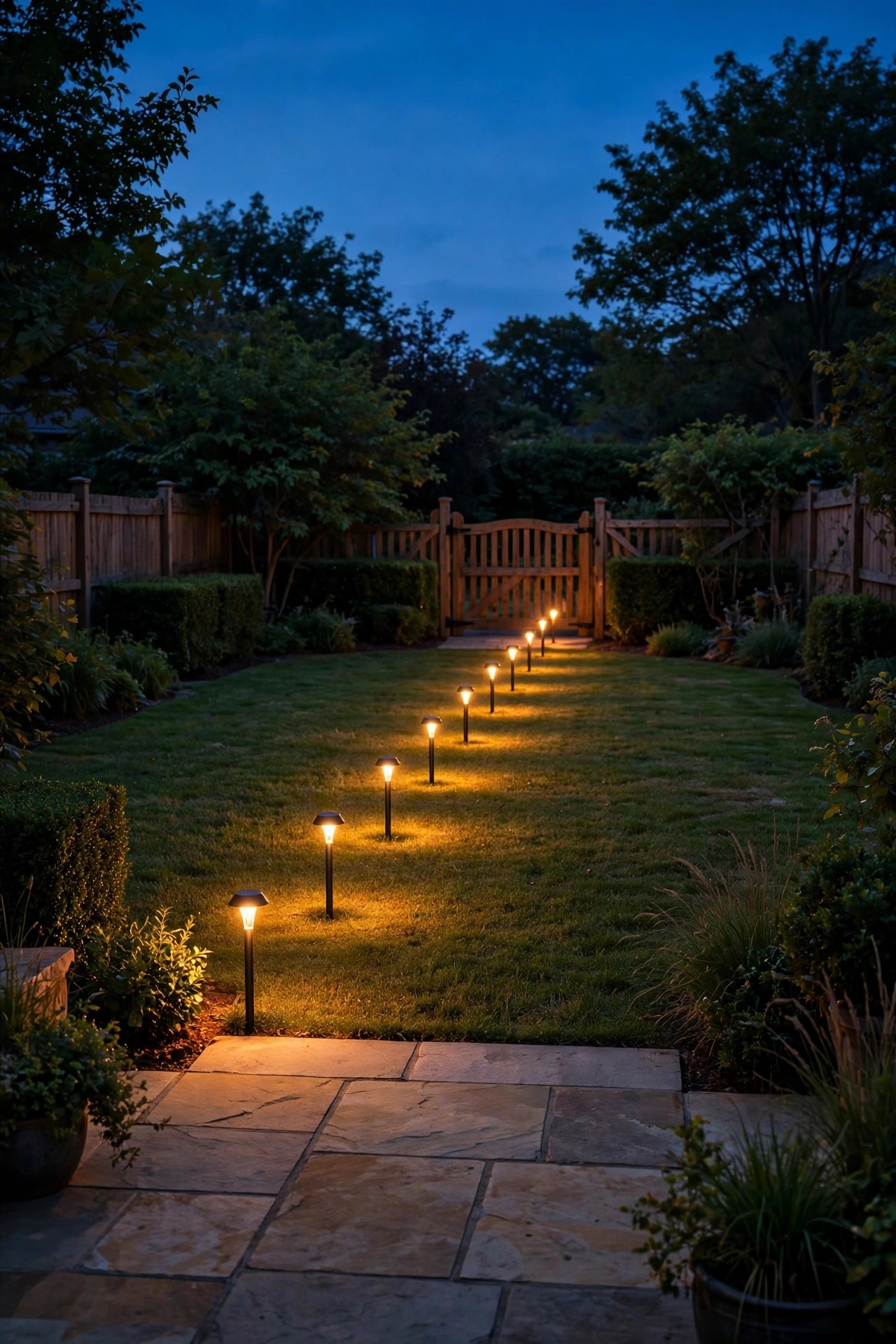 Evenly spaced warm path lights forming a continuous line across a backyard lawn from patio to gate at dusk