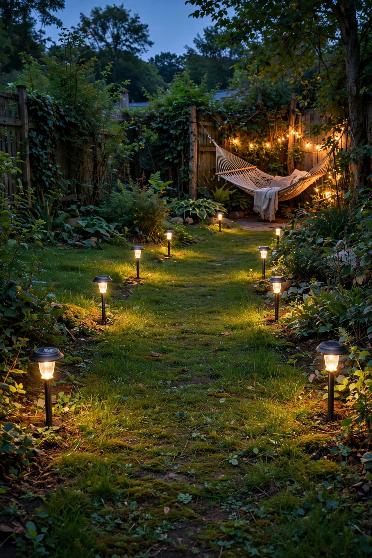 Low solar path lights lining a grassy walkway leading to a hammock corner glowing in the distance