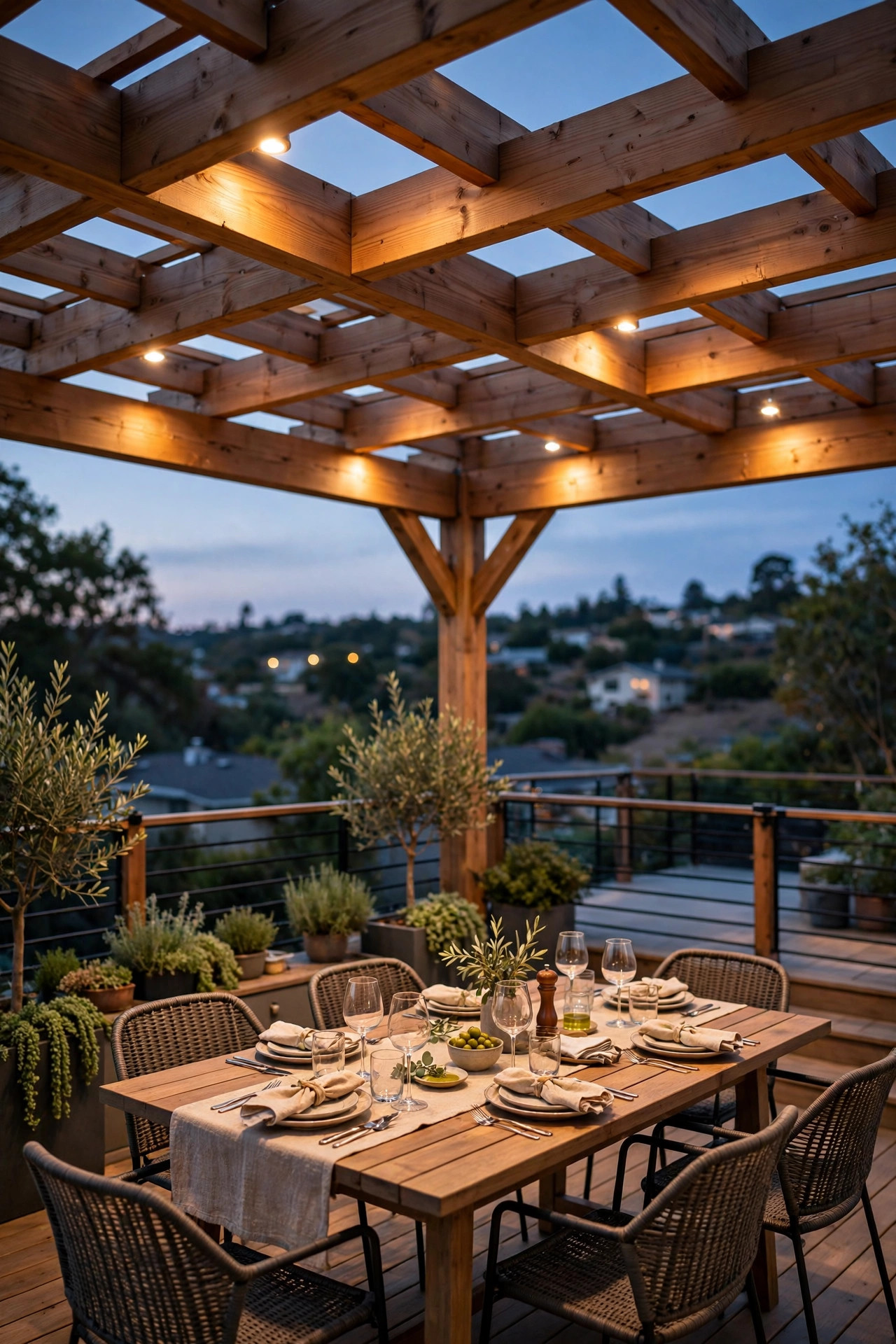 Pergola over an upper deck tier with warm downlights washing a dining table below