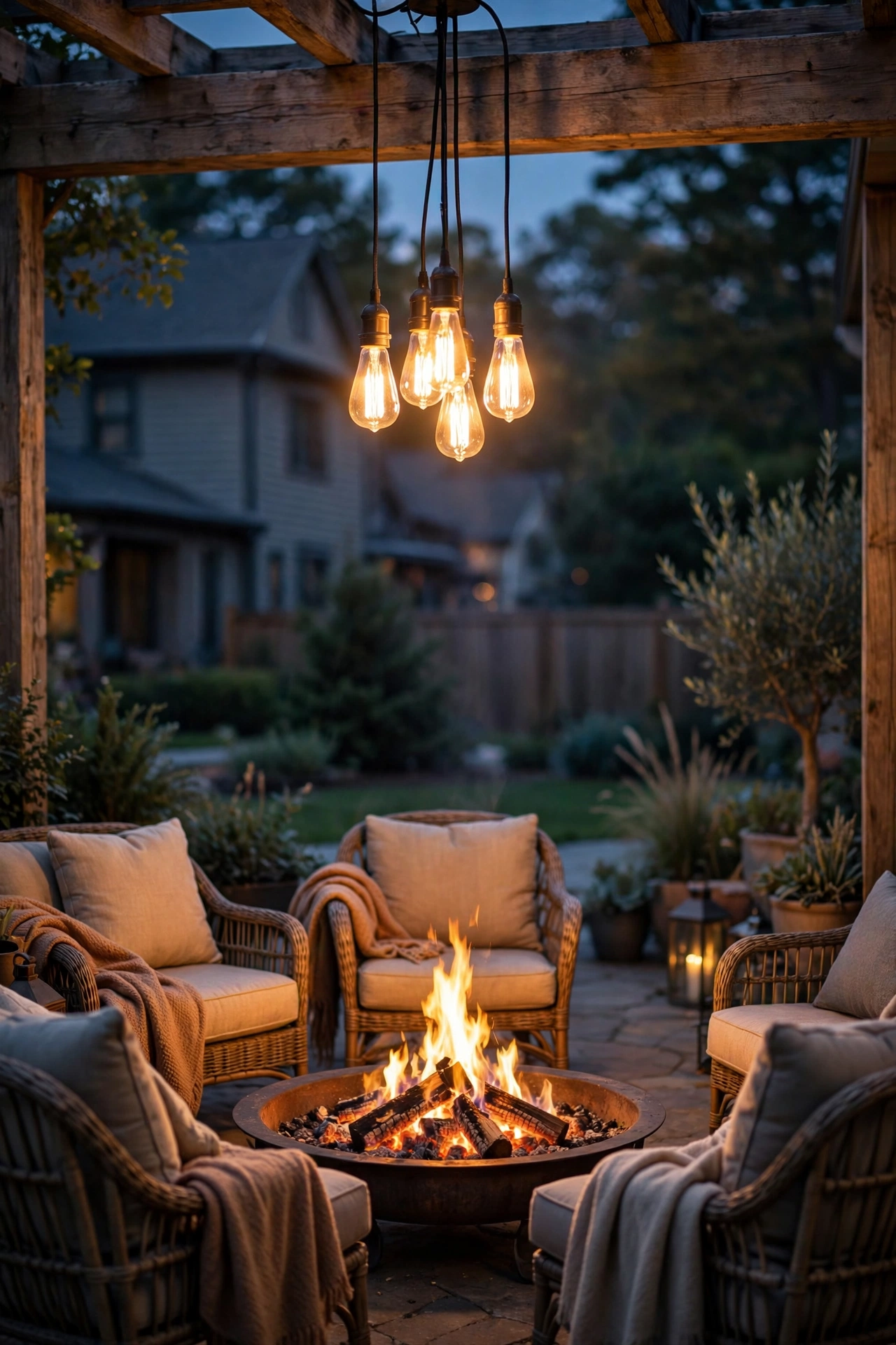 Outdoor pendant light with filament bulbs hanging from a pergola over fire pit seating