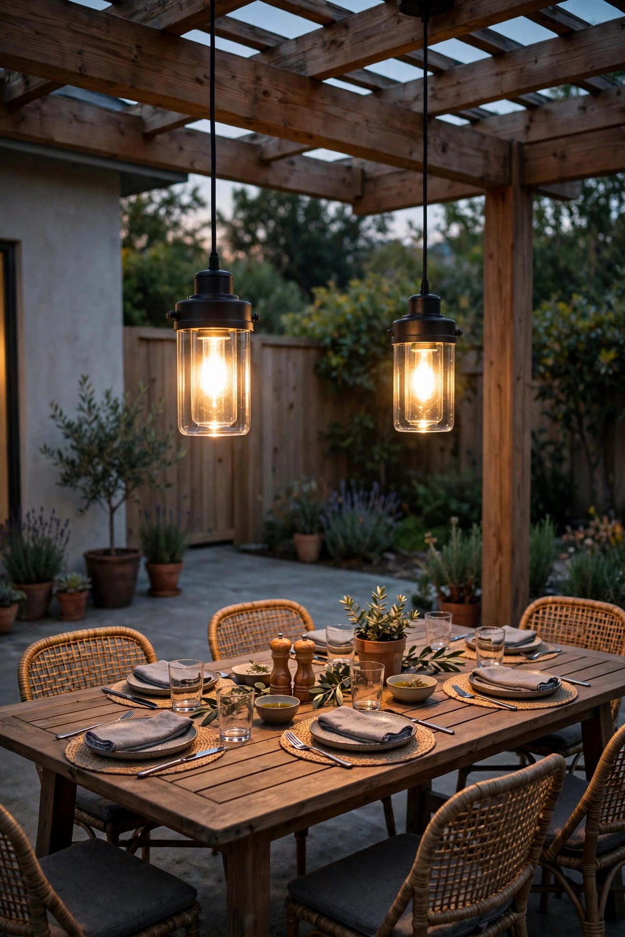 Two weatherproof pendant lights hanging from a pergola beam over a dining table on a concrete patio