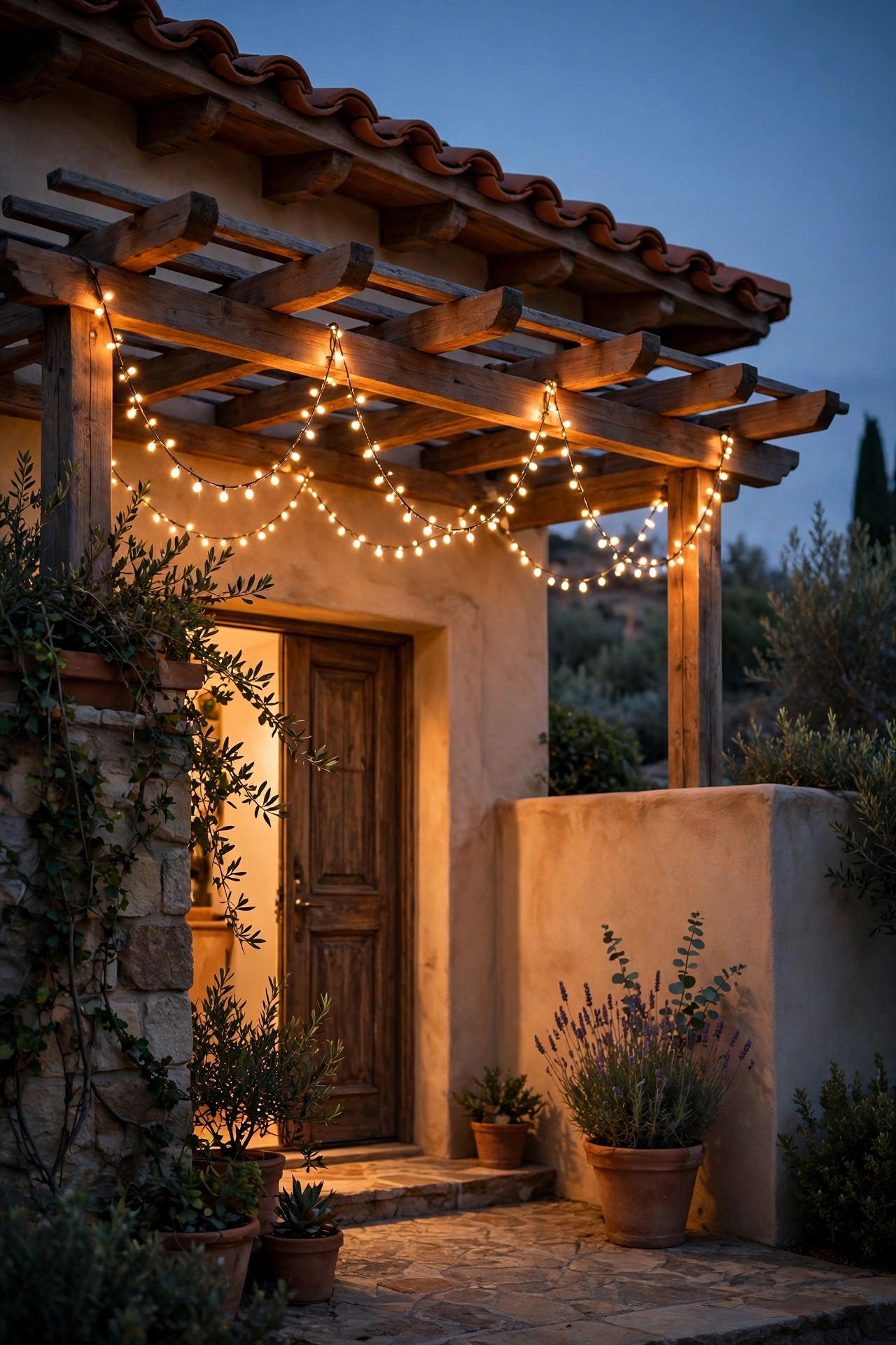 Warm string lights draped in swags across a front pergola with terracotta roof tiles at dusk, Mediterranean home entry glowing below