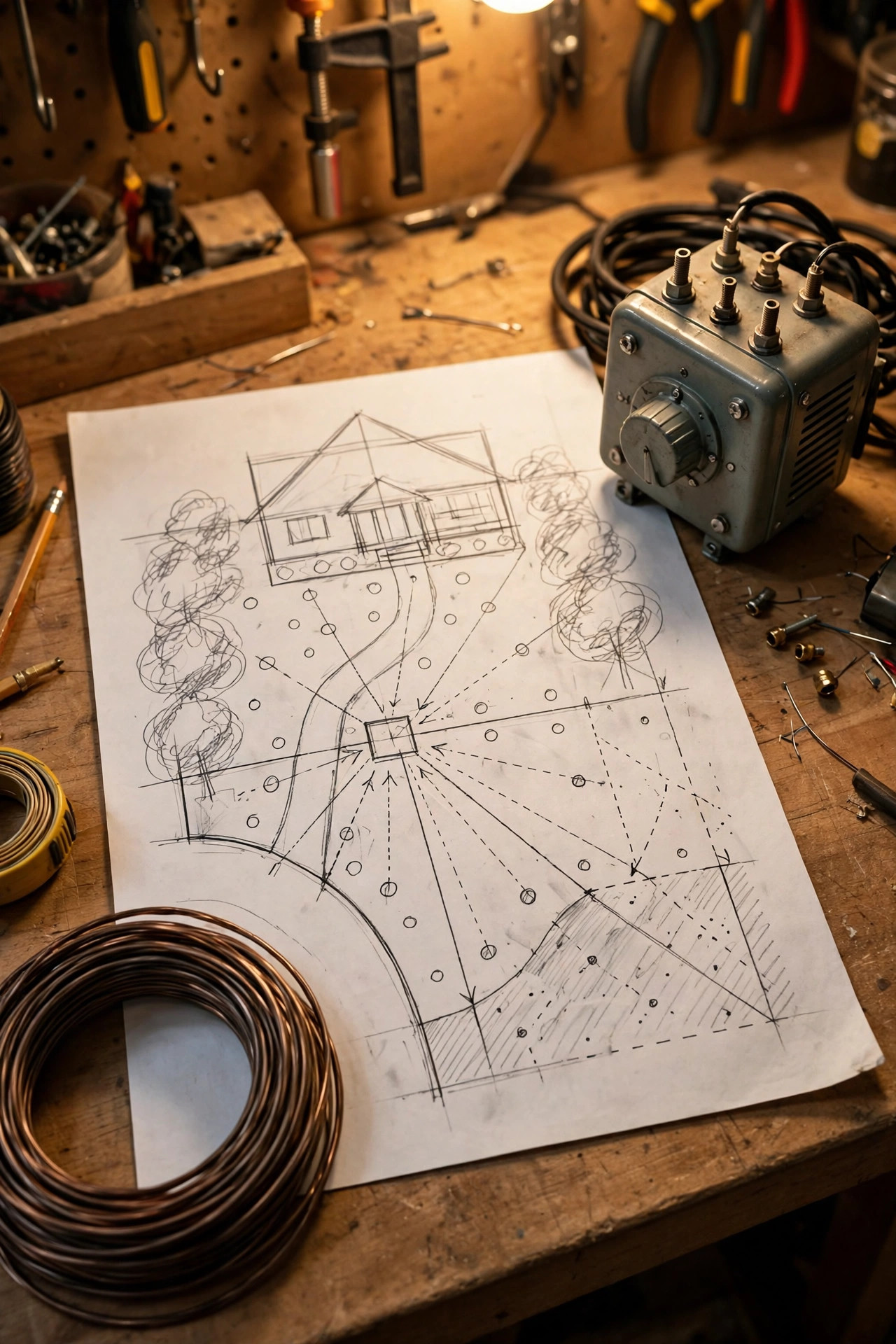 Hand-drawn style yard lighting plan on paper beside a transformer and cable, showing a front yard lit in phases with runs marked for future backyard lights