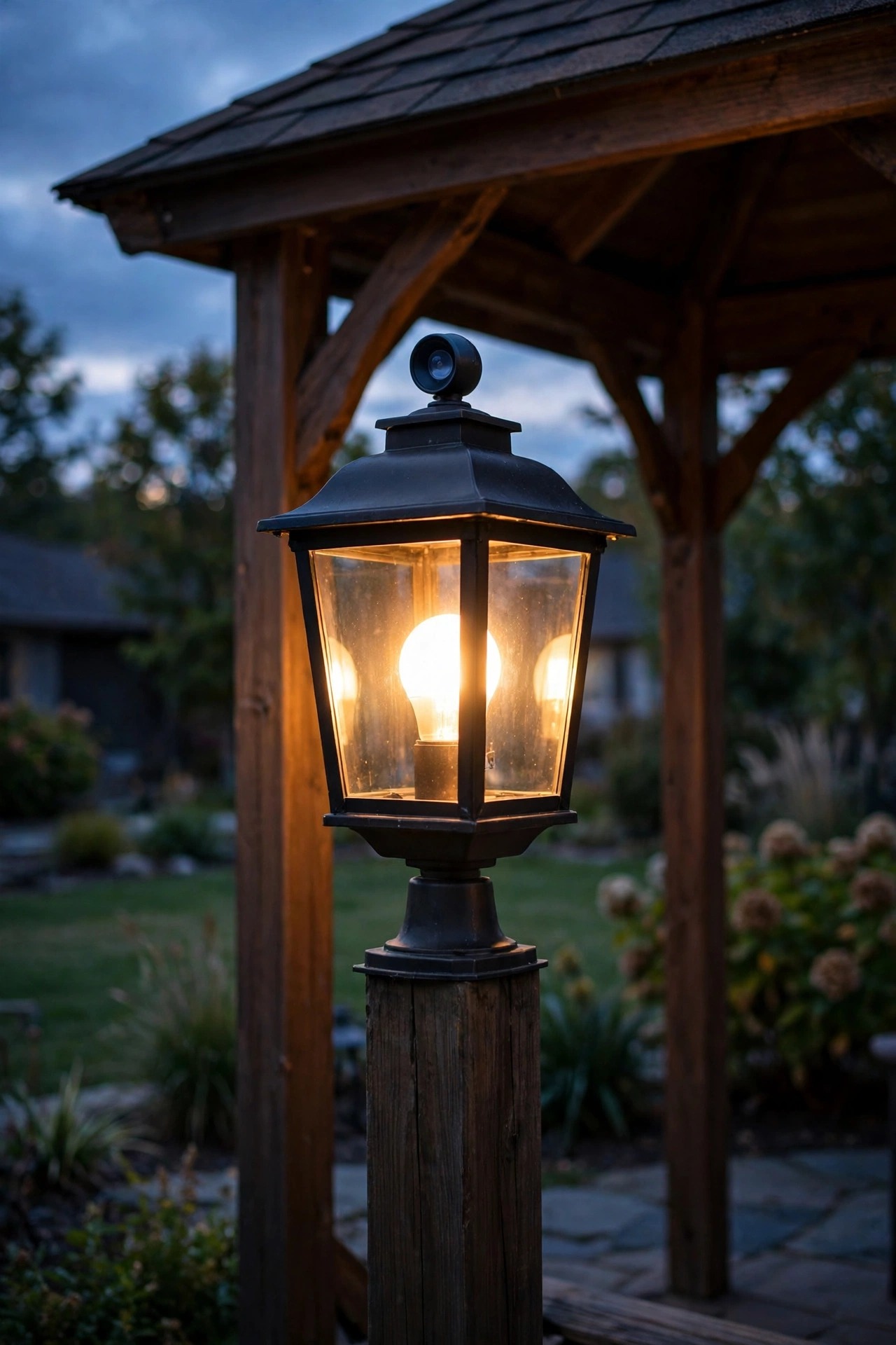 Dusk-to-dawn photocell bulb glowing automatically in a gazebo post lantern as twilight settles over the yard