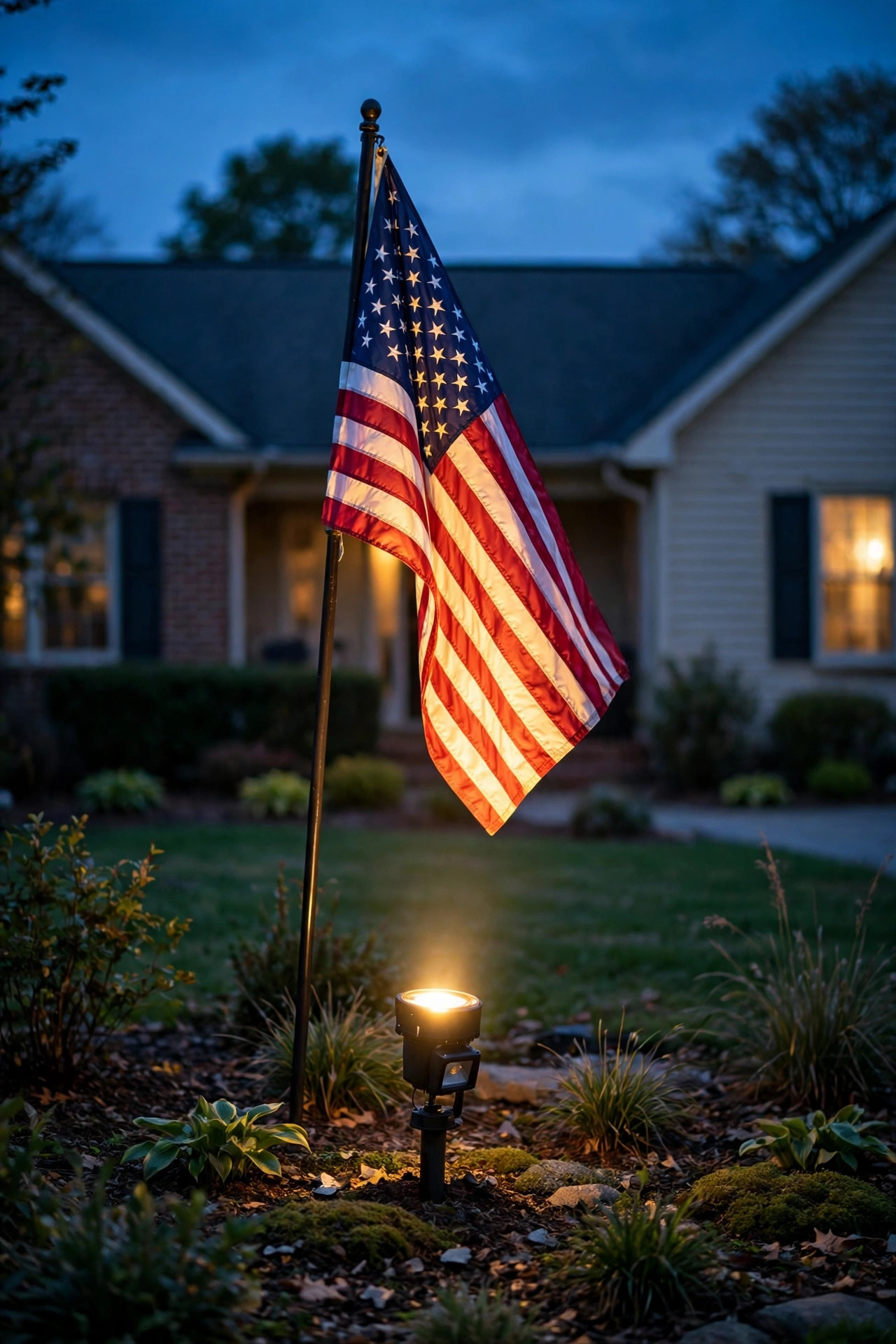 American flag glowing under an automatic dusk-to-dawn spotlight in a quiet front yard just after sunset