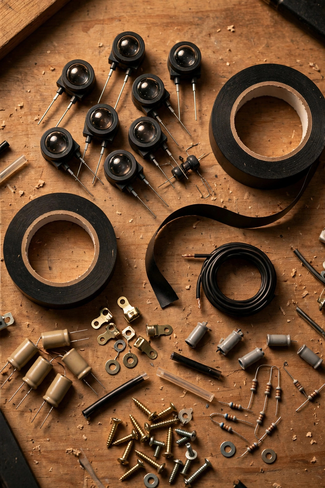 Replacement photocell sensors and electrical tape arranged on a workbench