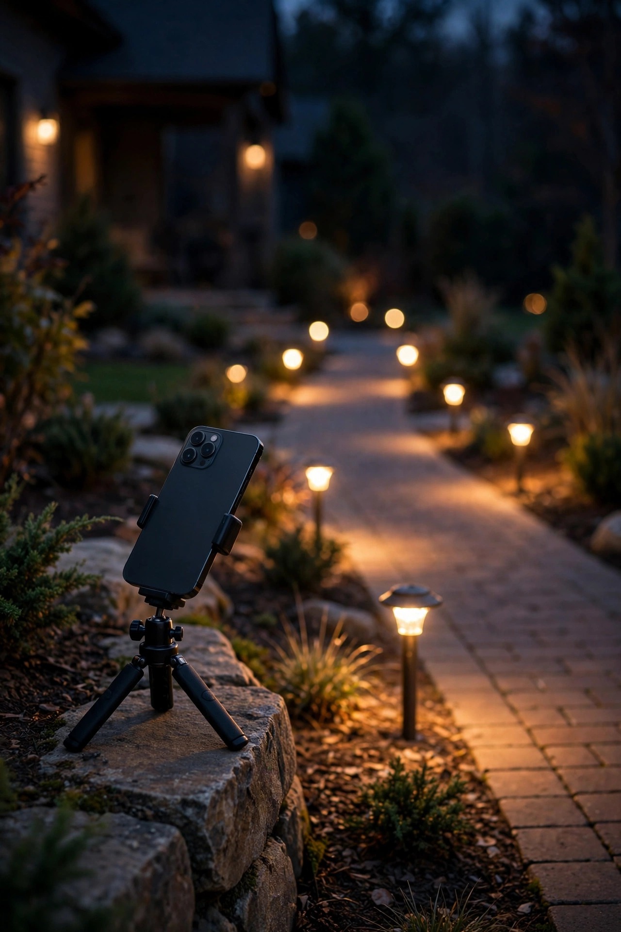A smartphone on a small tripod photographing warm glowing landscape lights along a front walkway at night