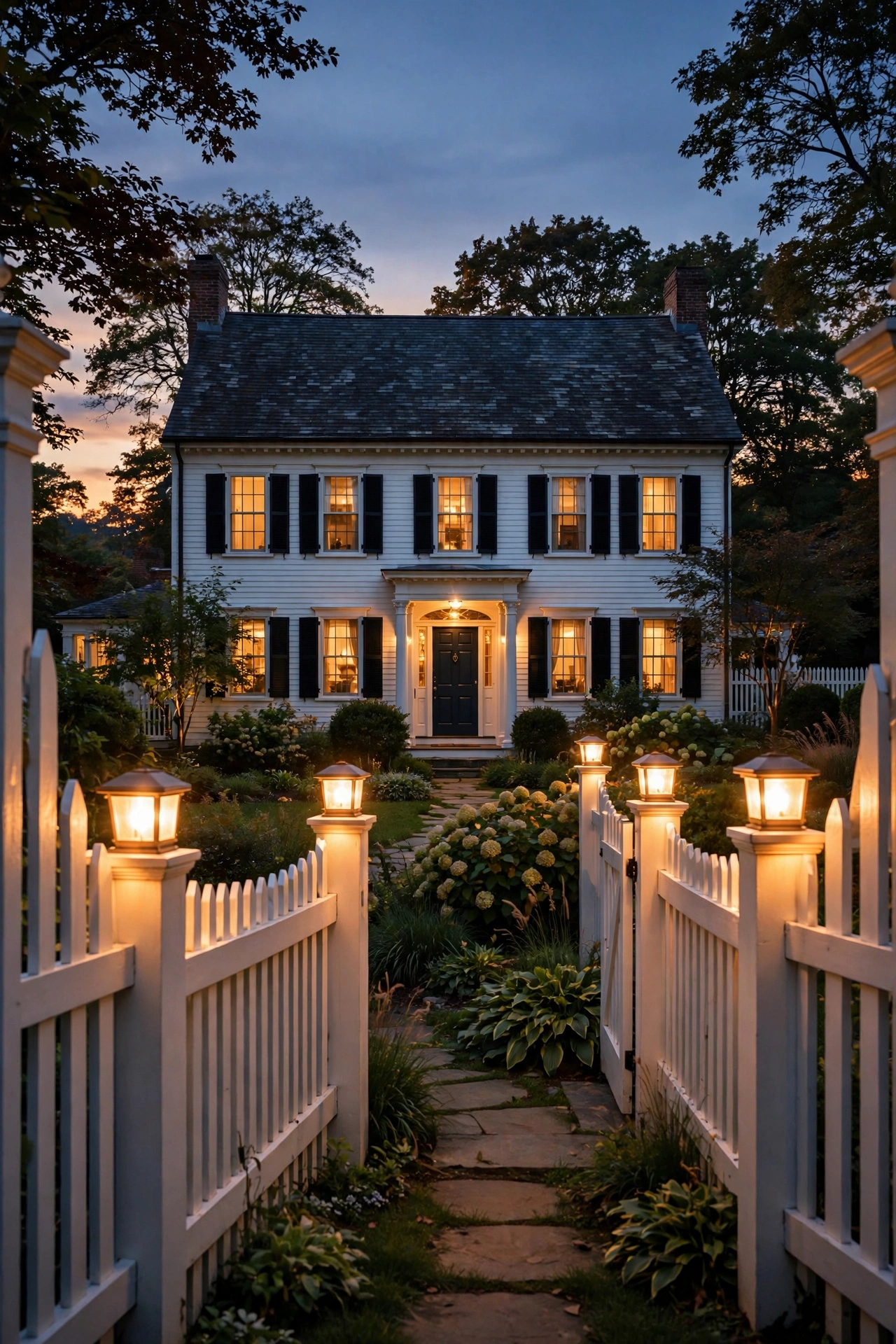 White picket fence with glowing post-cap lights framing a colonial home at dusk