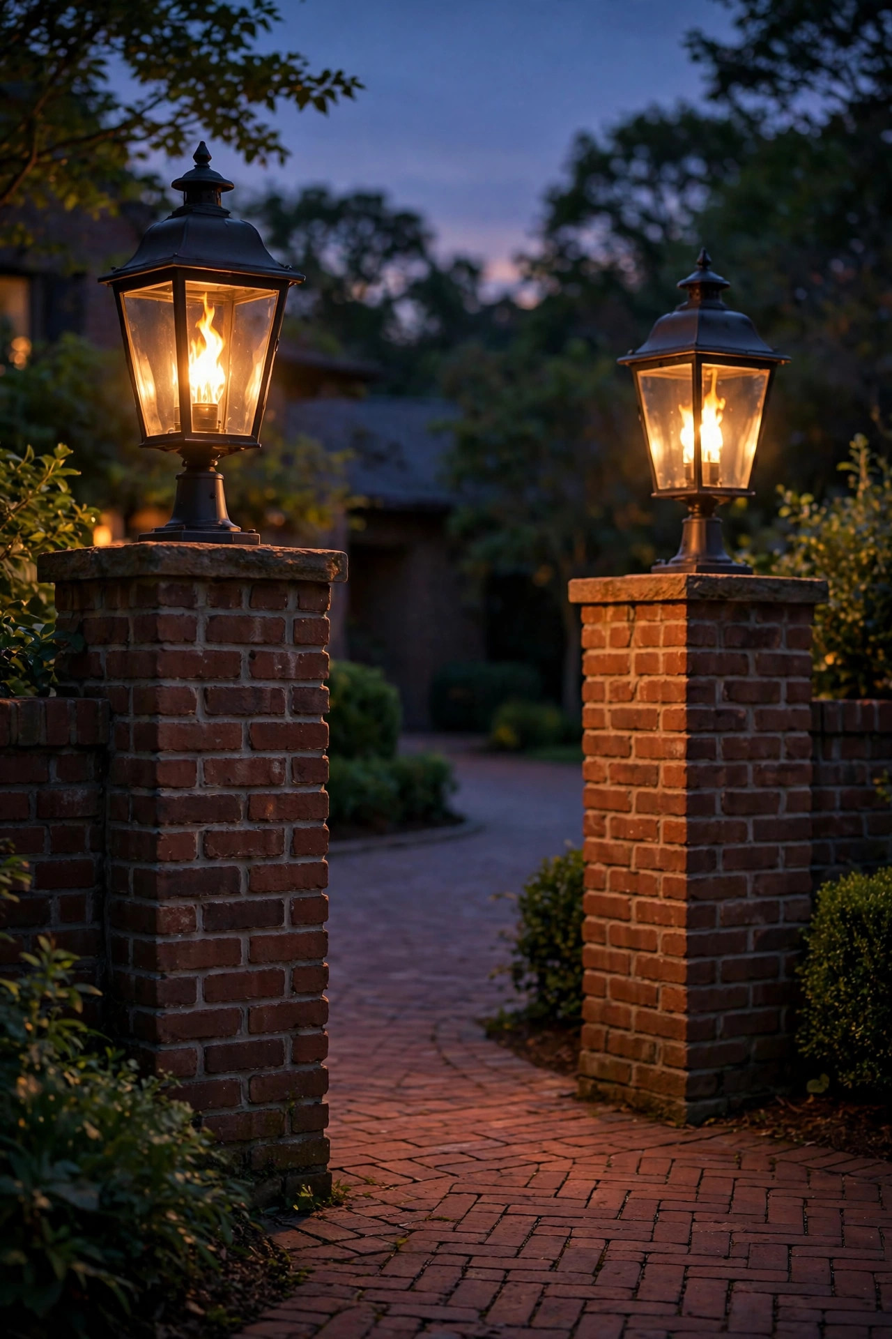 Pier-mount post lanterns with flickering flame effect bulbs on brick driveway columns at dusk
