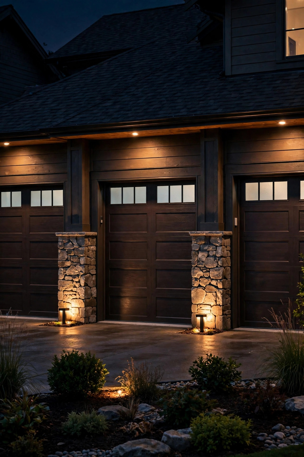 Ground uplights grazing warm light up the stone piers between three-car garage doors at night